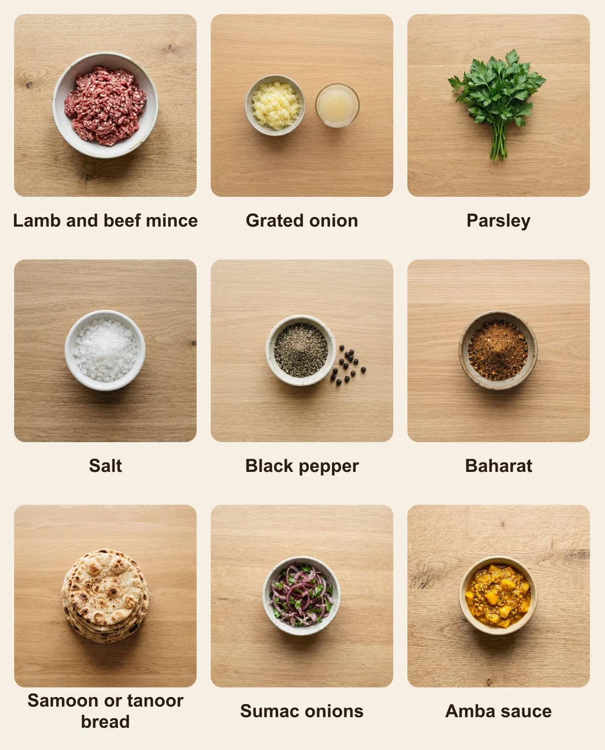 Everything you need for Iraqi Kebab, laid out from above: Lamb and beef mince, Grated onion, Parsley, Salt, Black pepper, Baharat, Samoon or tanoor bread, Sumac onions, Amba sauce (AI illustration)