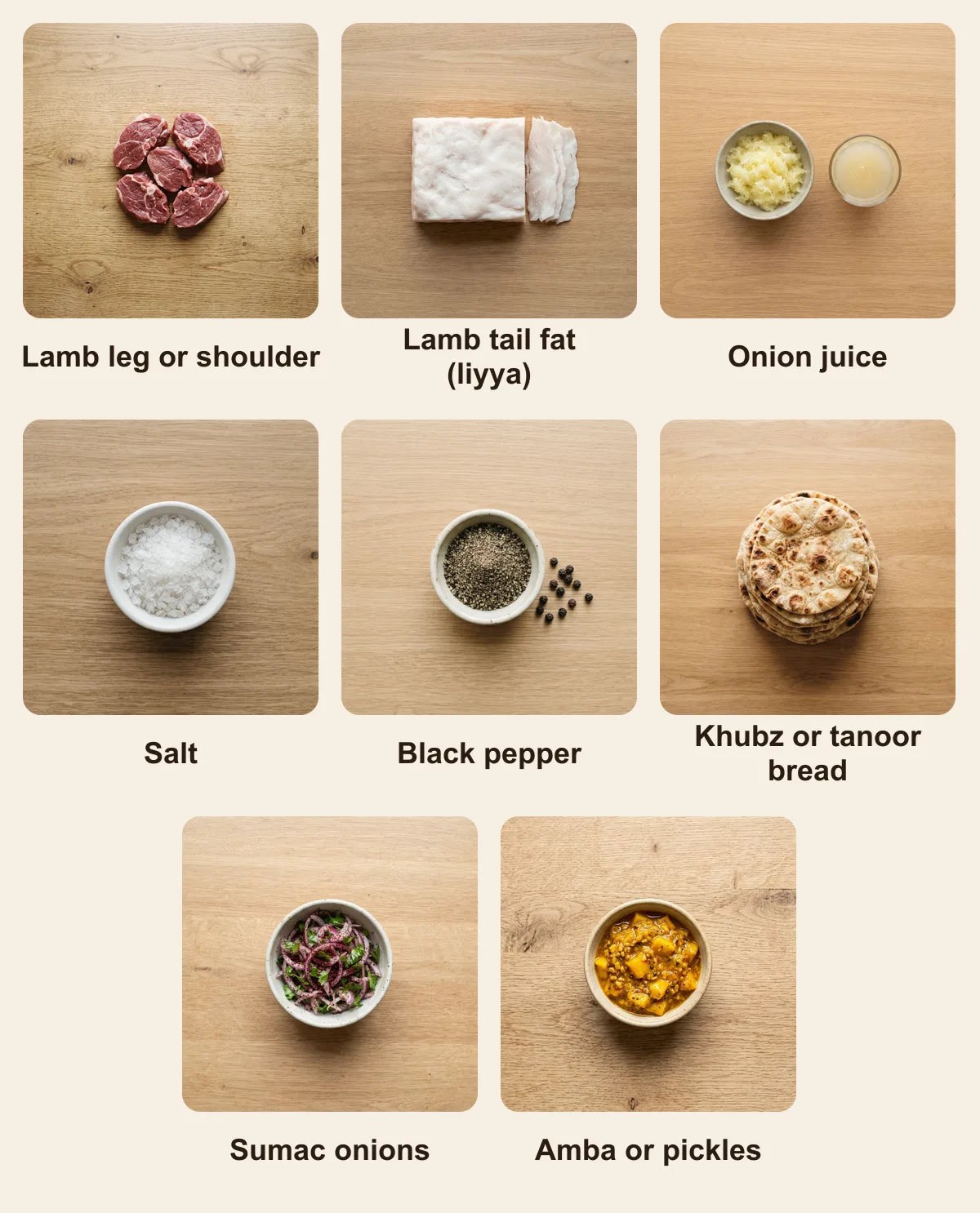Everything you need for Iraqi Tikka, laid out from above: Lamb leg or shoulder, Lamb tail fat (liyya), Onion juice, Salt, Black pepper, Khubz or tanoor bread, Sumac onions, Amba or pickles (AI illustration)