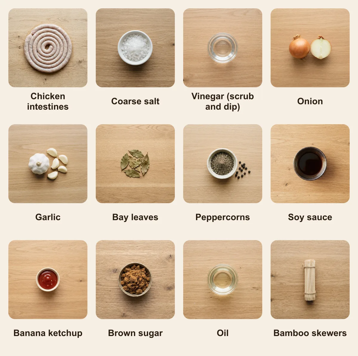 Everything you need for Isaw, laid out from above: Chicken intestines, Coarse salt, Vinegar (scrub and dip), Onion, Garlic, Bay leaves, Peppercorns, Soy sauce, Banana ketchup, Brown sugar, Oil, Bamboo skewers (AI illustration)