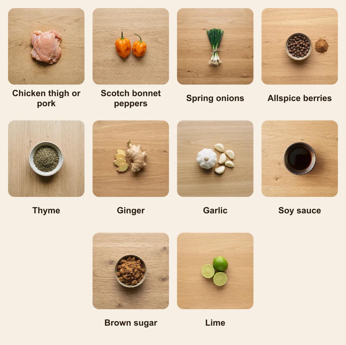 Everything you need for Jerk Skewers, laid out from above: Chicken thigh or pork, Scotch bonnet peppers, Spring onions, Allspice berries, Thyme, Ginger, Garlic, Soy sauce, Brown sugar, Lime (AI illustration)
