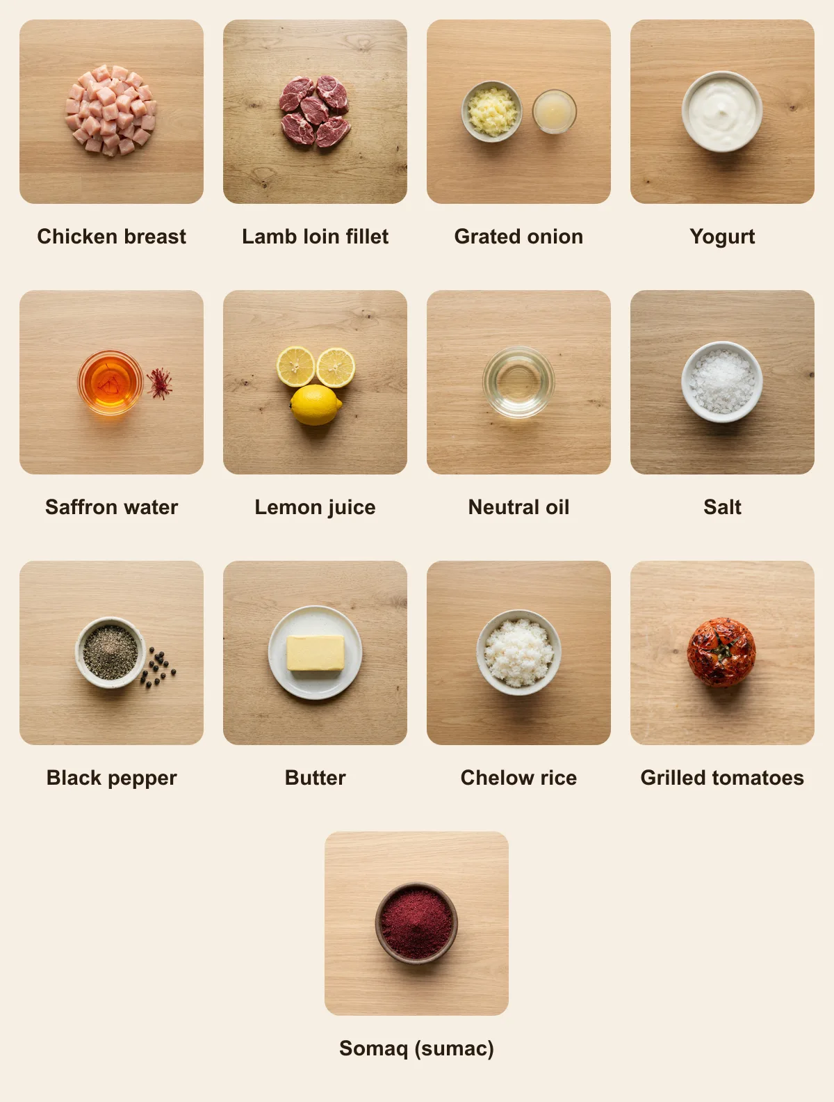 Everything you need for Kabab Bakhtiari, laid out from above: Chicken breast, Lamb loin fillet, Grated onion, Yogurt, Saffron water, Lemon juice, Neutral oil, Salt, Black pepper, Butter, Chelow rice, Grilled tomatoes, Somaq (sumac) (AI illustration)