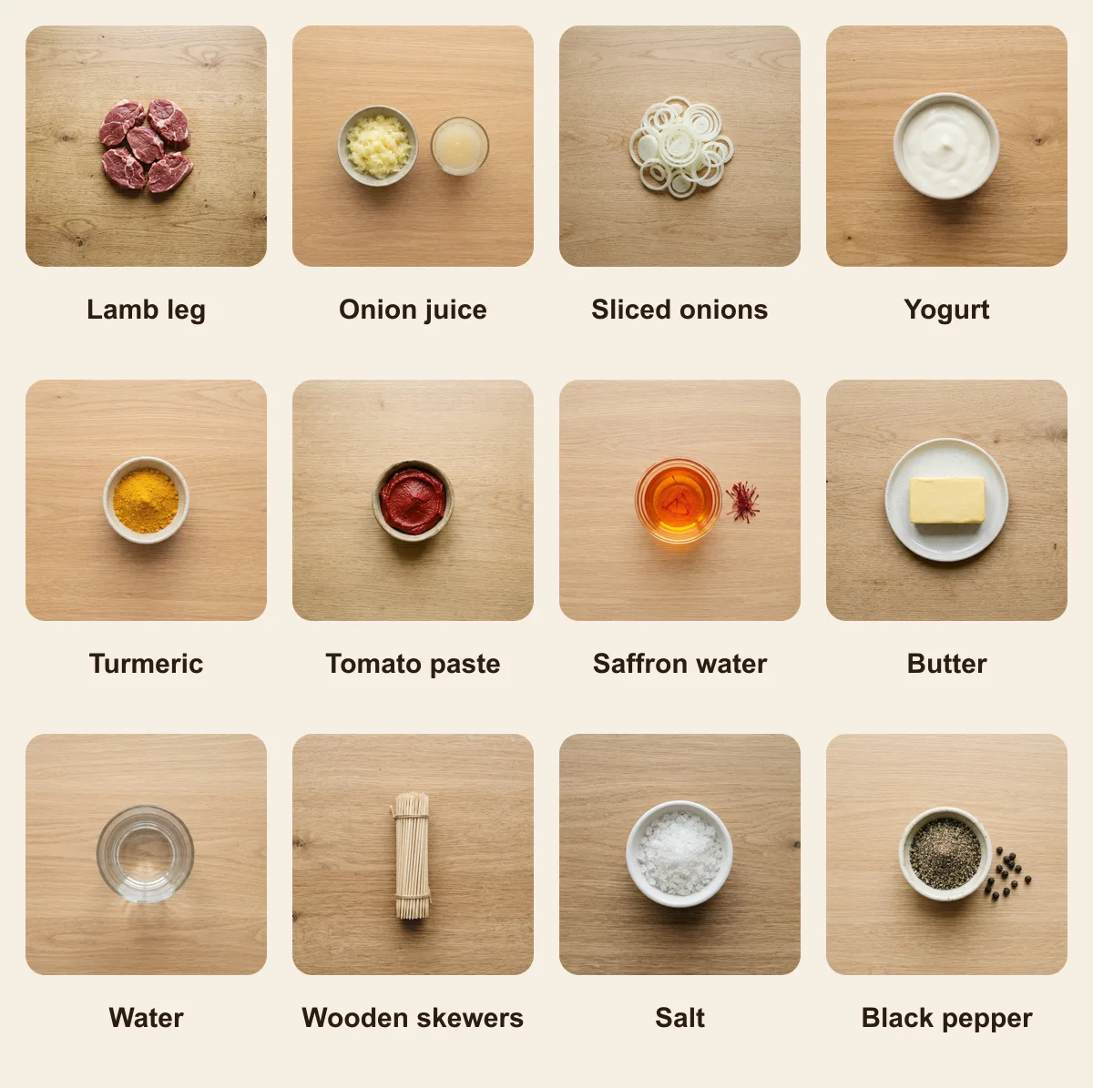 Everything you need for Kabab Hoseini, laid out from above: Lamb leg, Onion juice, Sliced onions, Yogurt, Turmeric, Tomato paste, Saffron water, Butter, Water, Wooden skewers, Salt, Black pepper (AI illustration)