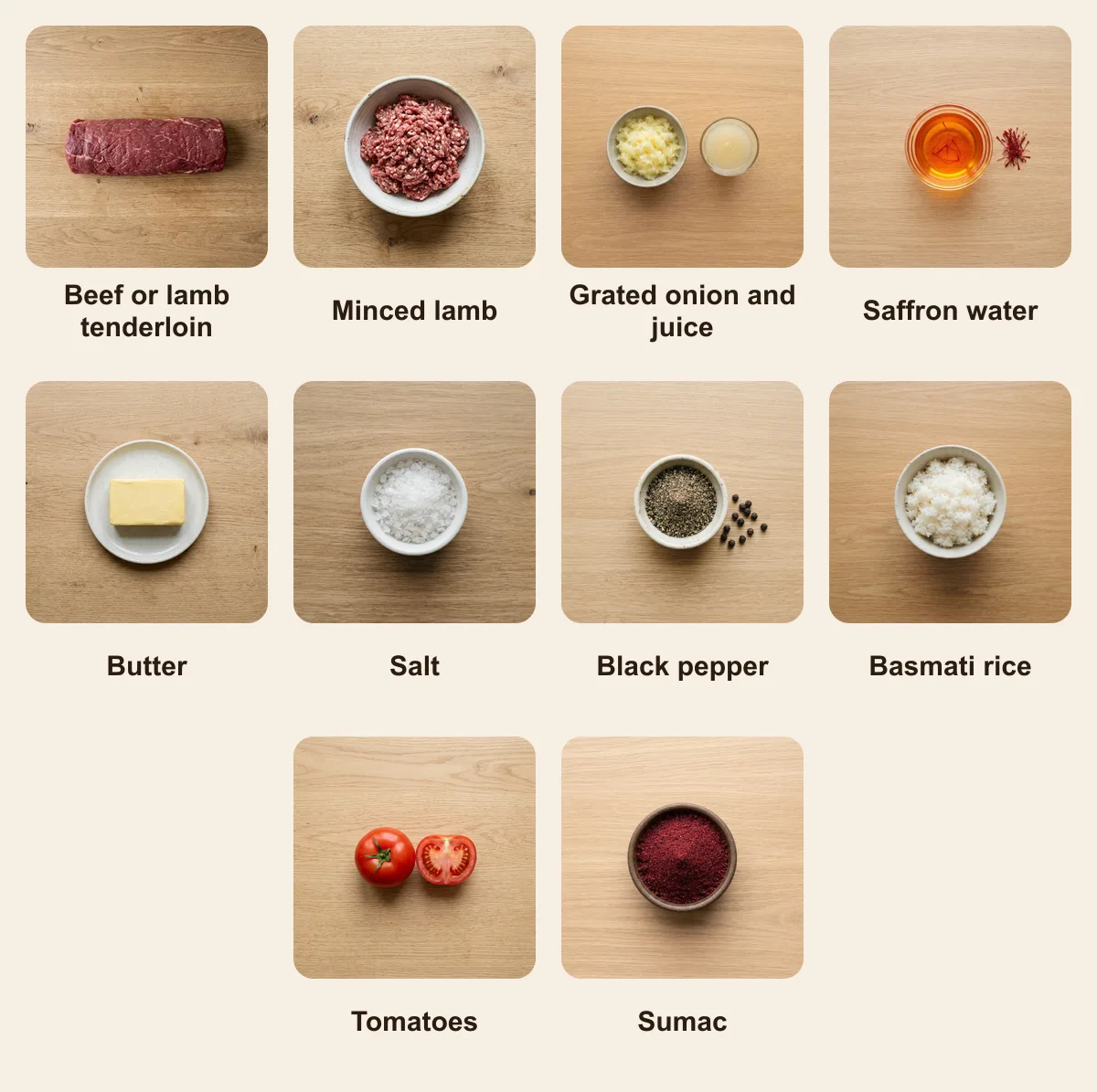Everything you need for Kabab Soltani, laid out from above: Beef or lamb tenderloin, Minced lamb, Grated onion and juice, Saffron water, Butter, Salt, Black pepper, Basmati rice, Tomatoes, Sumac (AI illustration)