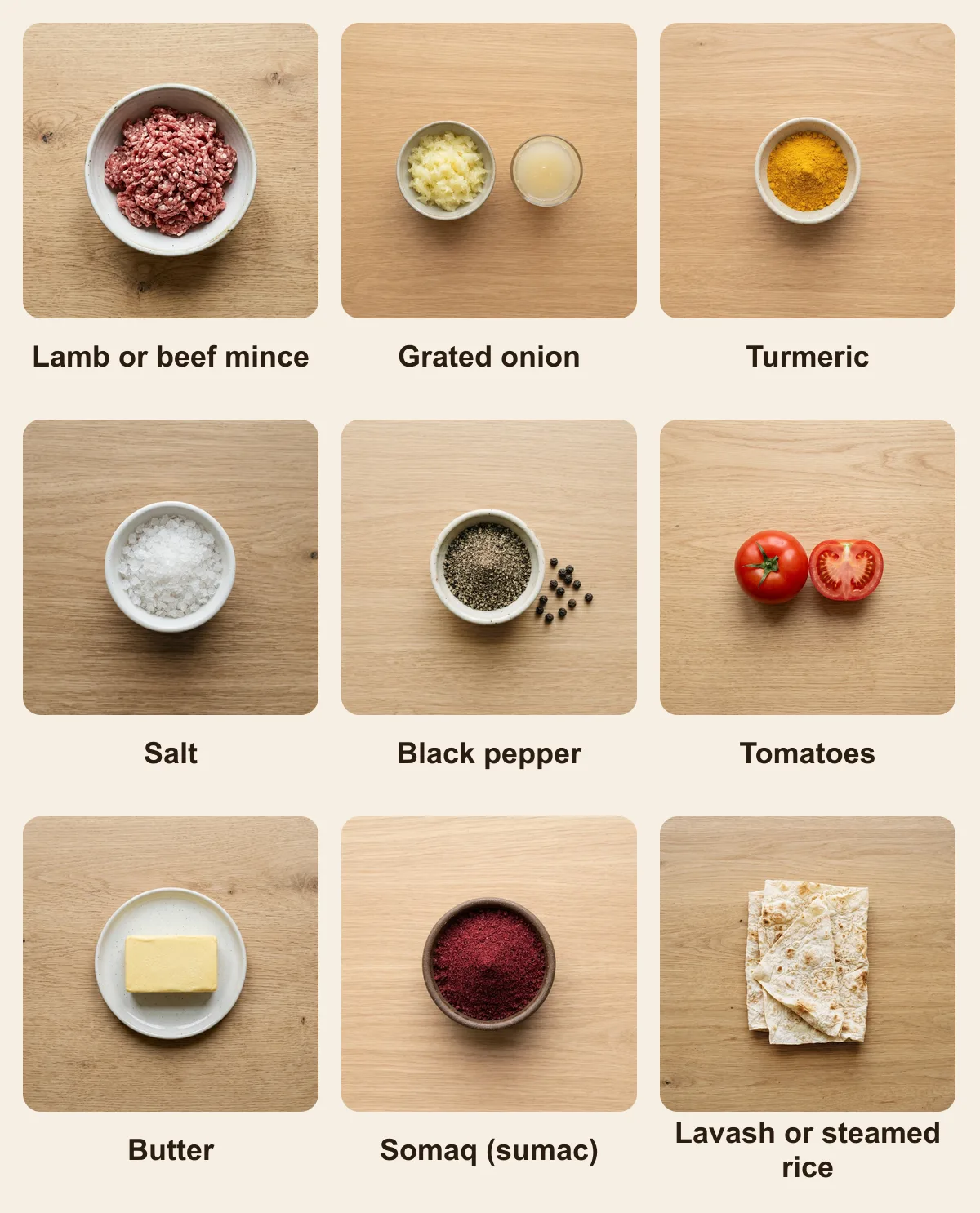 Everything you need for Kabab Tabei, laid out from above: Lamb or beef mince, Grated onion, Turmeric, Salt, Black pepper, Tomatoes, Butter, Somaq (sumac), Lavash or steamed rice (AI illustration)