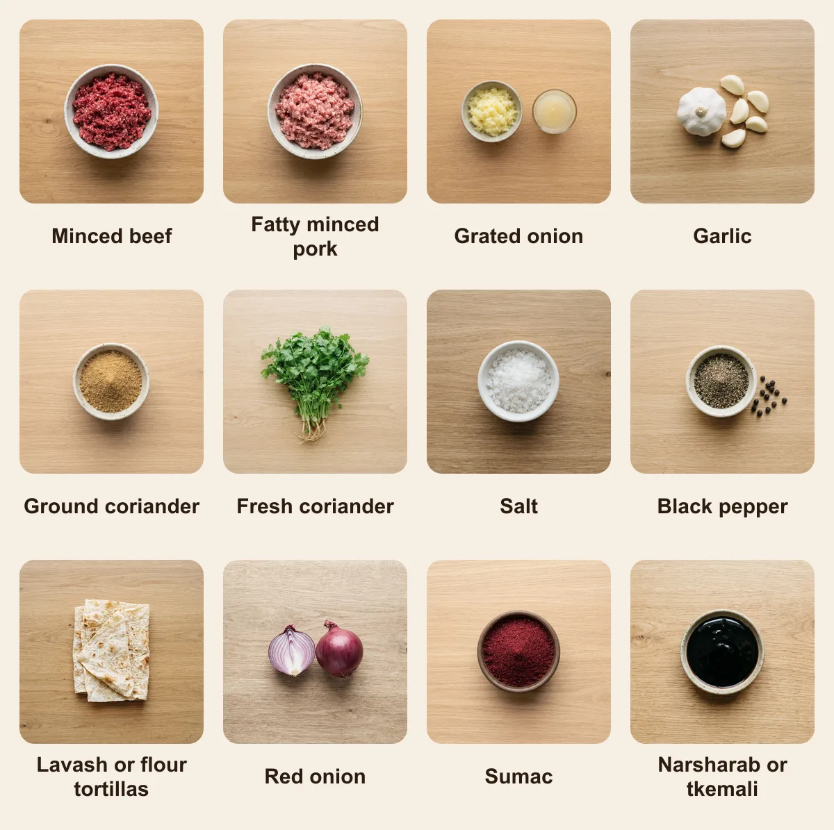 Everything you need for Kababi (Georgian Kebab), laid out from above: Minced beef, Fatty minced pork, Grated onion, Garlic, Ground coriander, Fresh coriander, Salt, Black pepper, Lavash or flour tortillas, Red onion, Sumac, Narsharab or tkemali (AI illustration)