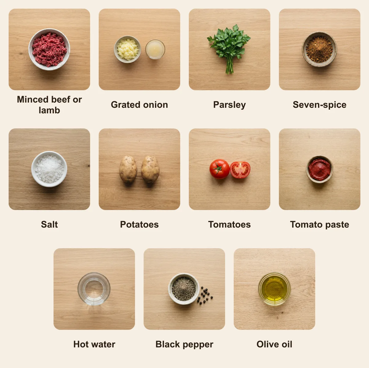 Everything you need for Kafta bi Bandora, laid out from above: Minced beef or lamb, Grated onion, Parsley, Seven-spice, Salt, Potatoes, Tomatoes, Tomato paste, Hot water, Black pepper, Olive oil (AI illustration)