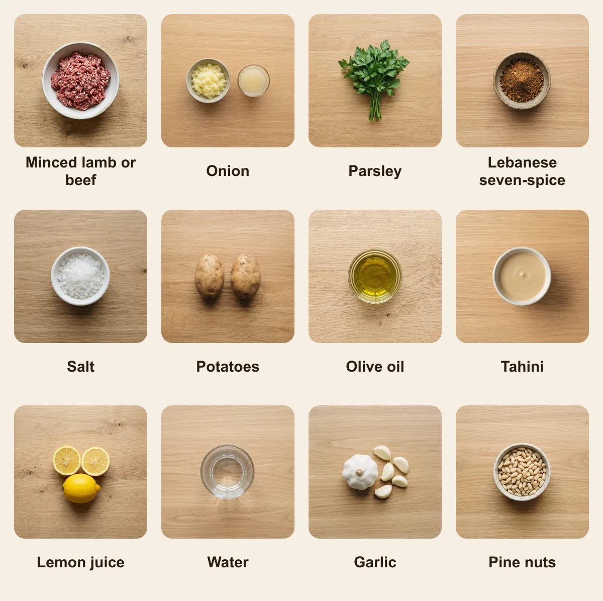 Everything you need for Kafta bi Tahini, laid out from above: Minced lamb or beef, Onion, Parsley, Lebanese seven-spice, Salt, Potatoes, Olive oil, Tahini, Lemon juice, Water, Garlic, Pine nuts (AI illustration)
