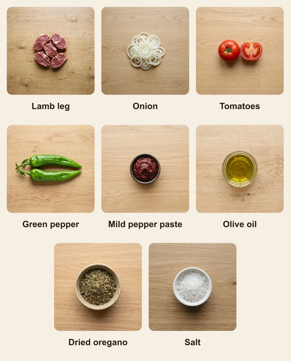 Everything you need for Kagit Kebab, laid out from above: Lamb leg, Onion, Tomatoes, Green pepper, Mild pepper paste, Olive oil, Dried oregano, Salt (AI illustration)