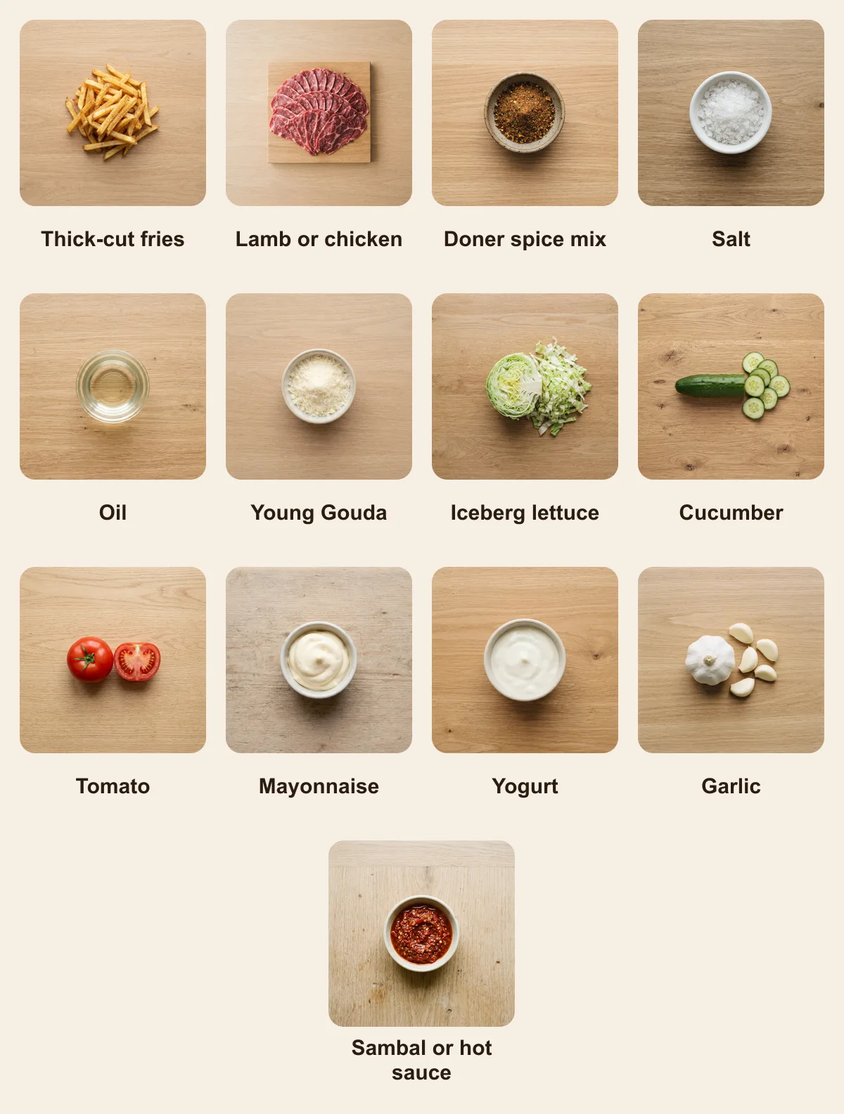Everything you need for Kapsalon, laid out from above: Thick-cut fries, Lamb or chicken, Doner spice mix, Salt, Oil, Young Gouda, Iceberg lettuce, Cucumber, Tomato, Mayonnaise, Yogurt, Garlic, Sambal or hot sauce (AI illustration)