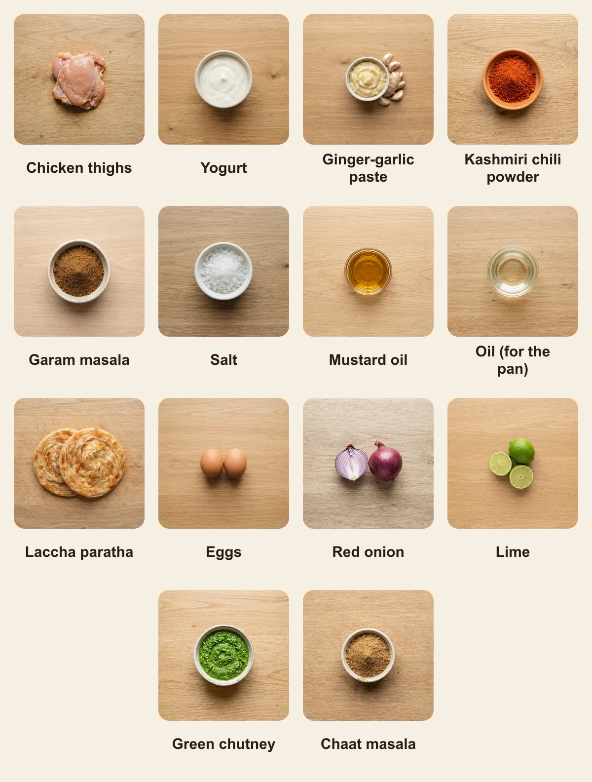 Everything you need for Kathi Kebab Roll, laid out from above: Chicken thighs, Yogurt, Ginger-garlic paste, Kashmiri chili powder, Garam masala, Salt, Mustard oil, Oil (for the pan), Laccha paratha, Eggs, Red onion, Lime, Green chutney, Chaat masala (AI illustration)