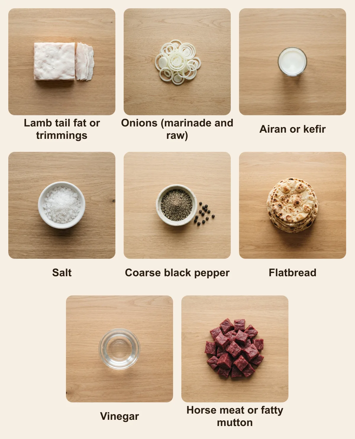Everything you need for Kazakh Shashlyk, laid out from above: Lamb tail fat or trimmings, Onions (marinade and raw), Airan or kefir, Salt, Coarse black pepper, Flatbread, Vinegar, Horse meat or fatty mutton (AI illustration)