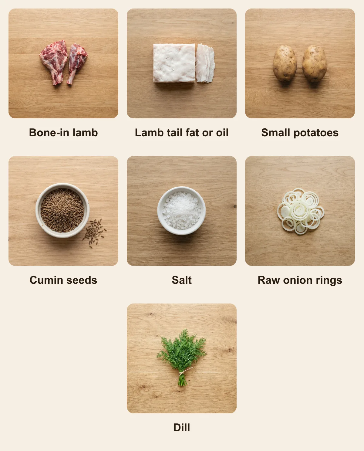 Everything you need for Kazan Kabob, laid out from above: Bone-in lamb, Lamb tail fat or oil, Small potatoes, Cumin seeds, Salt, Raw onion rings, Dill (AI illustration)