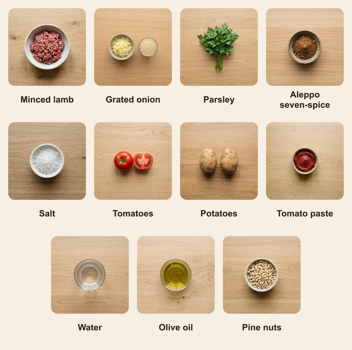 Everything you need for Kebab bil-Siniyeh, laid out from above: Minced lamb, Grated onion, Parsley, Aleppo seven-spice, Salt, Tomatoes, Potatoes, Tomato paste, Water, Olive oil, Pine nuts (AI illustration)