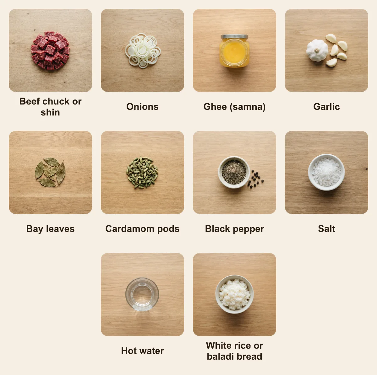 Everything you need for Kebab Halla, laid out from above: Beef chuck or shin, Onions, Ghee (samna), Garlic, Bay leaves, Cardamom pods, Black pepper, Salt, Hot water, White rice or baladi bread (AI illustration)