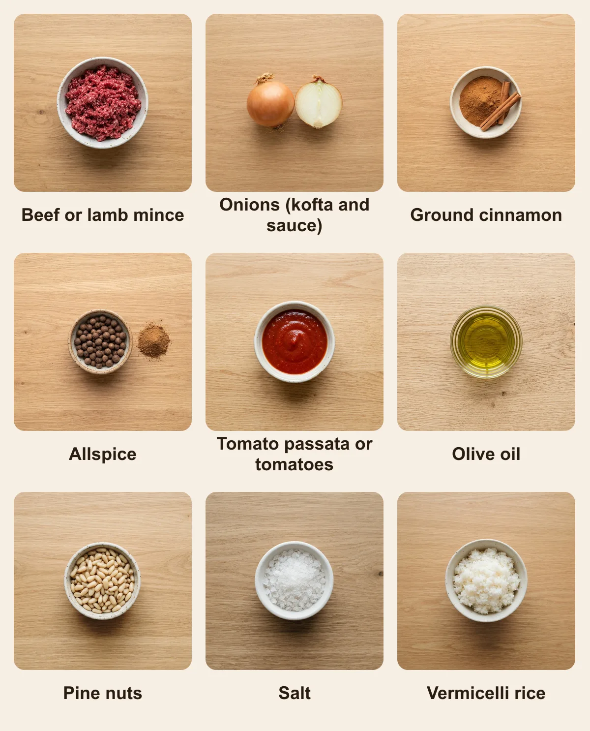 Everything you need for Kebab Hindi, laid out from above: Beef or lamb mince, Onions (kofta and sauce), Ground cinnamon, Allspice, Tomato passata or tomatoes, Olive oil, Pine nuts, Salt, Vermicelli rice (AI illustration)