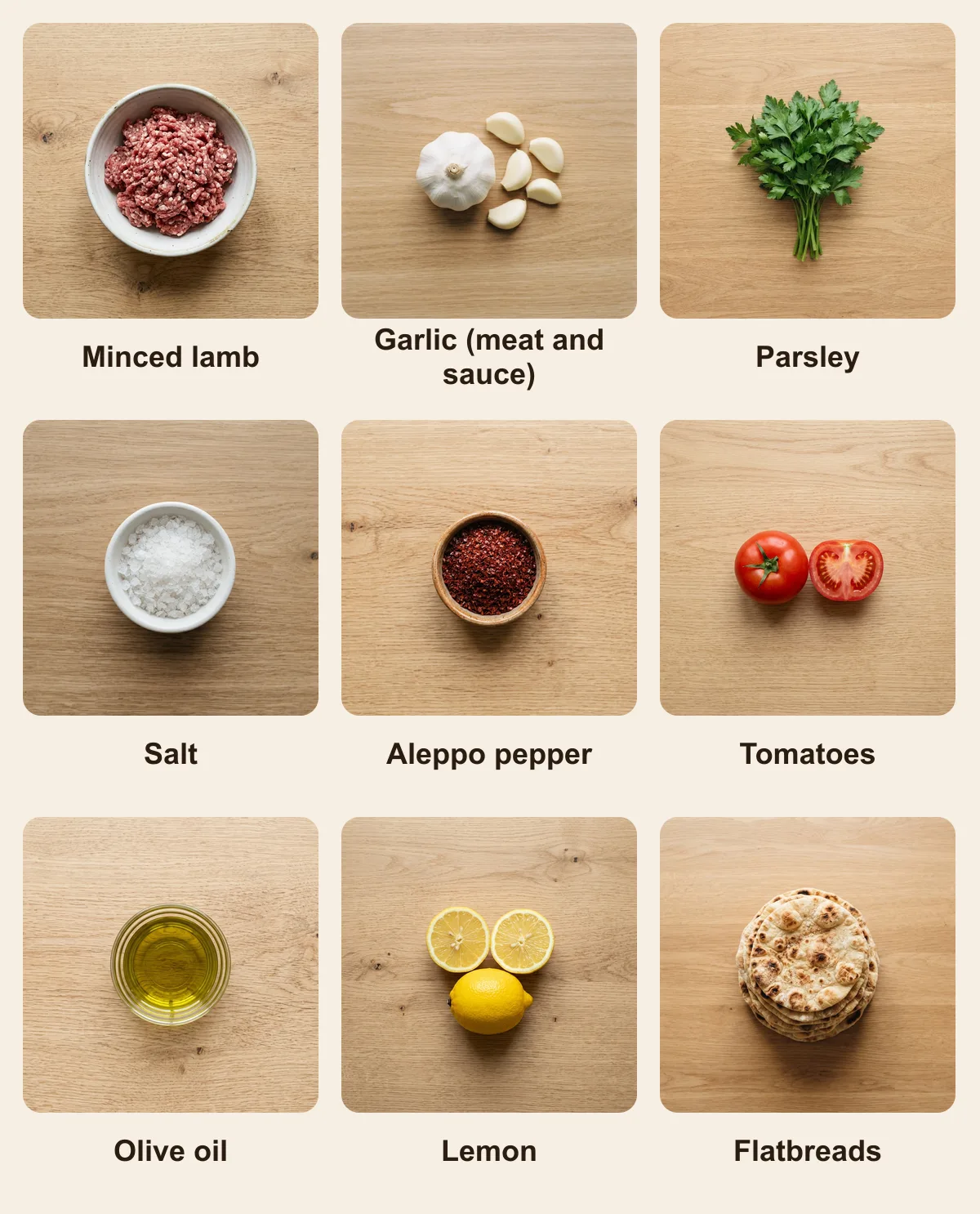 Everything you need for Kebab Khashkhash, laid out from above: Minced lamb, Garlic (meat and sauce), Parsley, Salt, Aleppo pepper, Tomatoes, Olive oil, Lemon, Flatbreads (AI illustration)