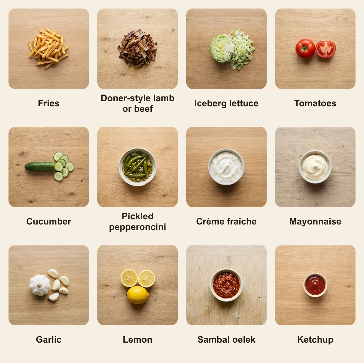 Everything you need for Kebabtallrik, laid out from above: Fries, Doner-style lamb or beef, Iceberg lettuce, Tomatoes, Cucumber, Pickled pepperoncini, Crème fraîche, Mayonnaise, Garlic, Lemon, Sambal oelek, Ketchup (AI illustration)