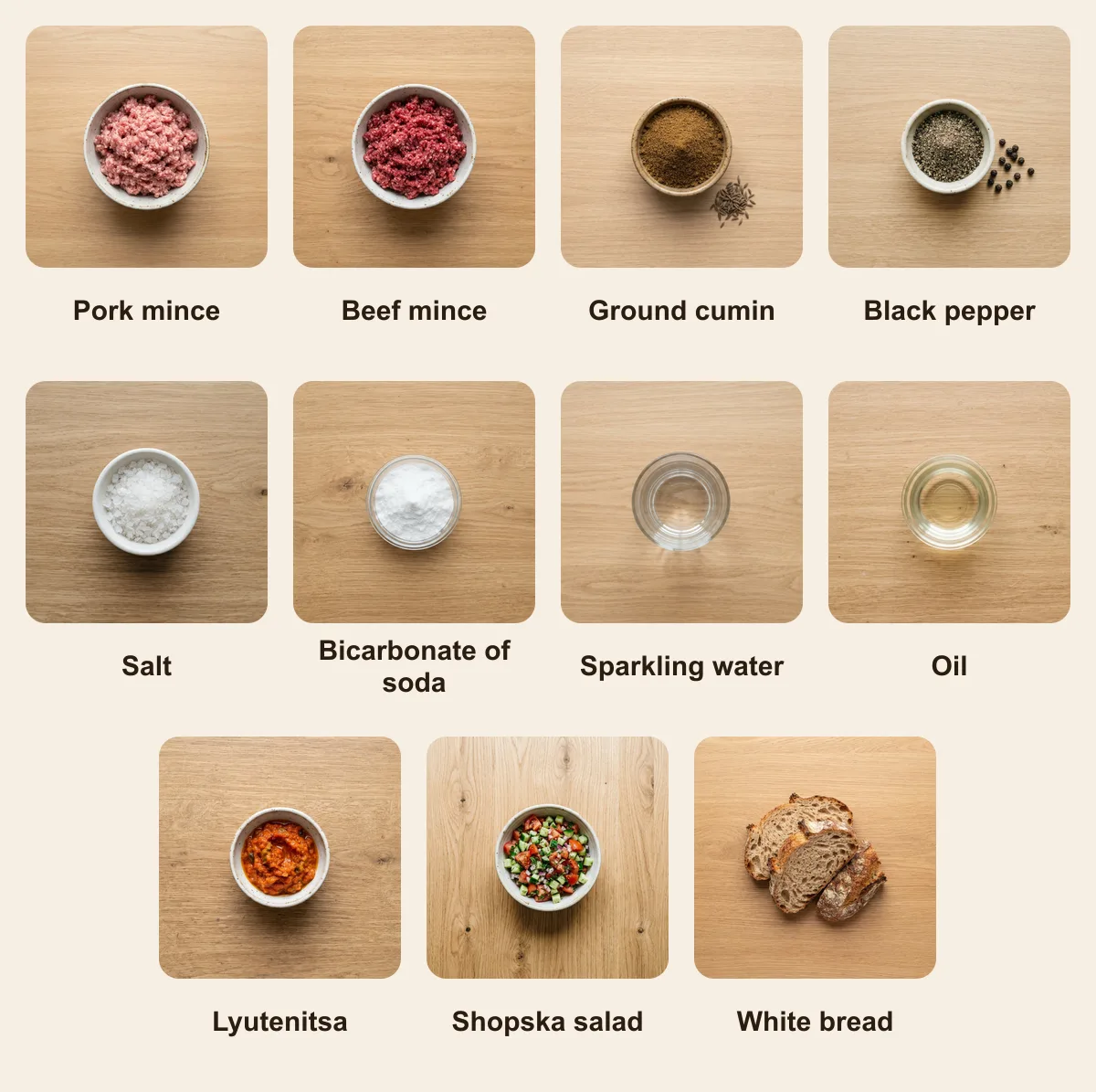 Everything you need for Kebapche, laid out from above: Pork mince, Beef mince, Ground cumin, Black pepper, Salt, Bicarbonate of soda, Sparkling water, Oil, Lyutenitsa, Shopska salad, White bread (AI illustration)