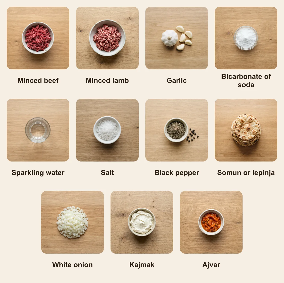 Everything you need for Kebapi, laid out from above: Minced beef, Minced lamb, Garlic, Bicarbonate of soda, Sparkling water, Salt, Black pepper, Somun or lepinja, White onion, Kajmak, Ajvar (AI illustration)