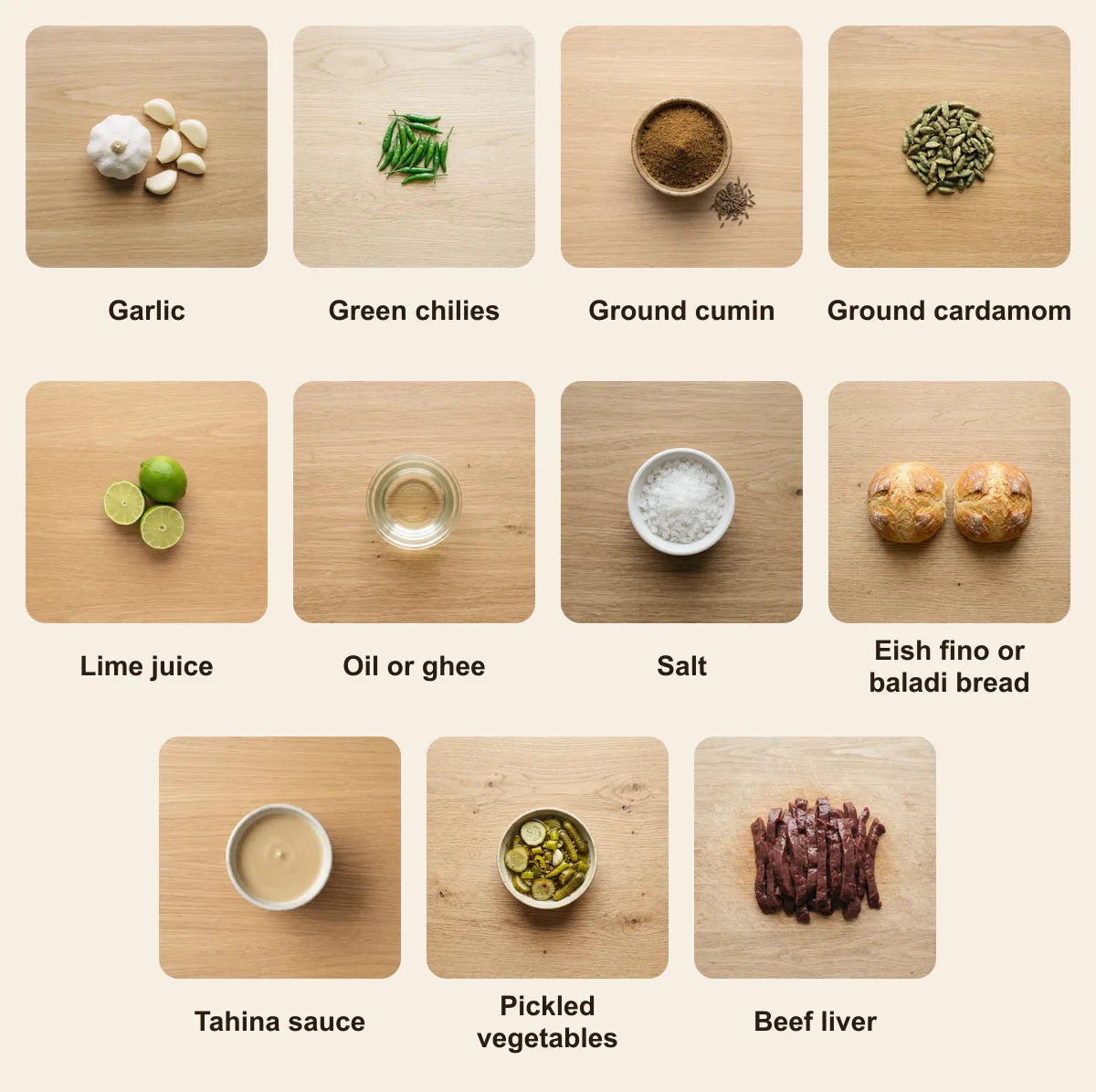 Everything you need for Kebda Eskandarani, laid out from above: Garlic, Green chilies, Ground cumin, Ground cardamom, Lime juice, Oil or ghee, Salt, Eish fino or baladi bread, Tahina sauce, Pickled vegetables, Beef liver (AI illustration)