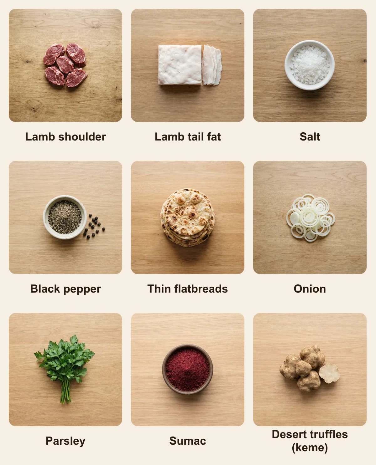 Everything you need for Keme Kebab (Truffle Kebab), laid out from above: Lamb shoulder, Lamb tail fat, Salt, Black pepper, Thin flatbreads, Onion, Parsley, Sumac, Desert truffles (keme) (AI illustration)