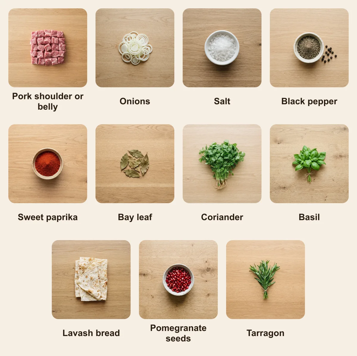 Everything you need for Khazani Khorovats, laid out from above: Pork shoulder or belly, Onions, Salt, Black pepper, Sweet paprika, Bay leaf, Coriander, Basil, Lavash bread, Pomegranate seeds, Tarragon (AI illustration)