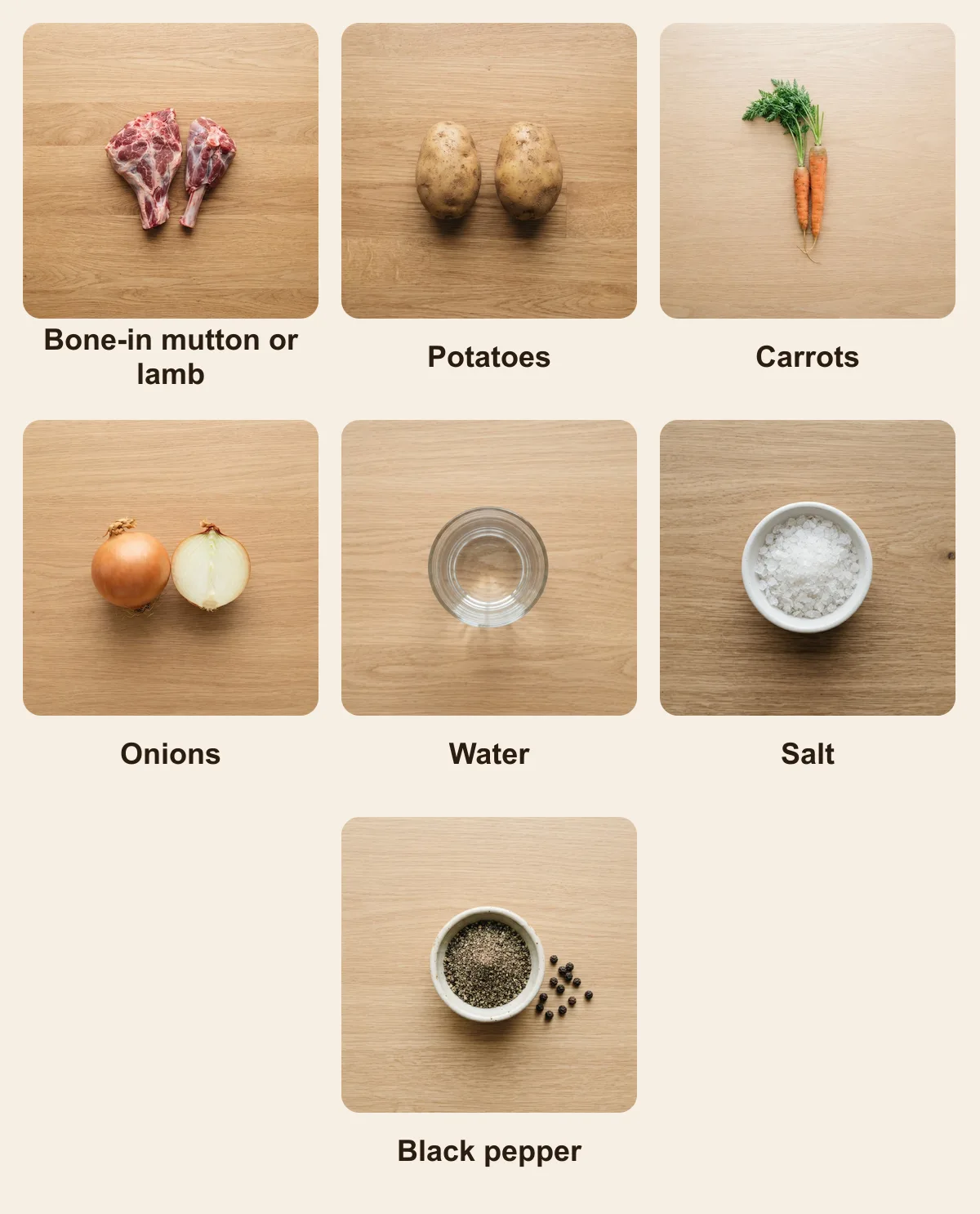 Everything you need for Khorkhog, laid out from above: Bone-in mutton or lamb, Potatoes, Carrots, Onions, Water, Salt, Black pepper (AI illustration)