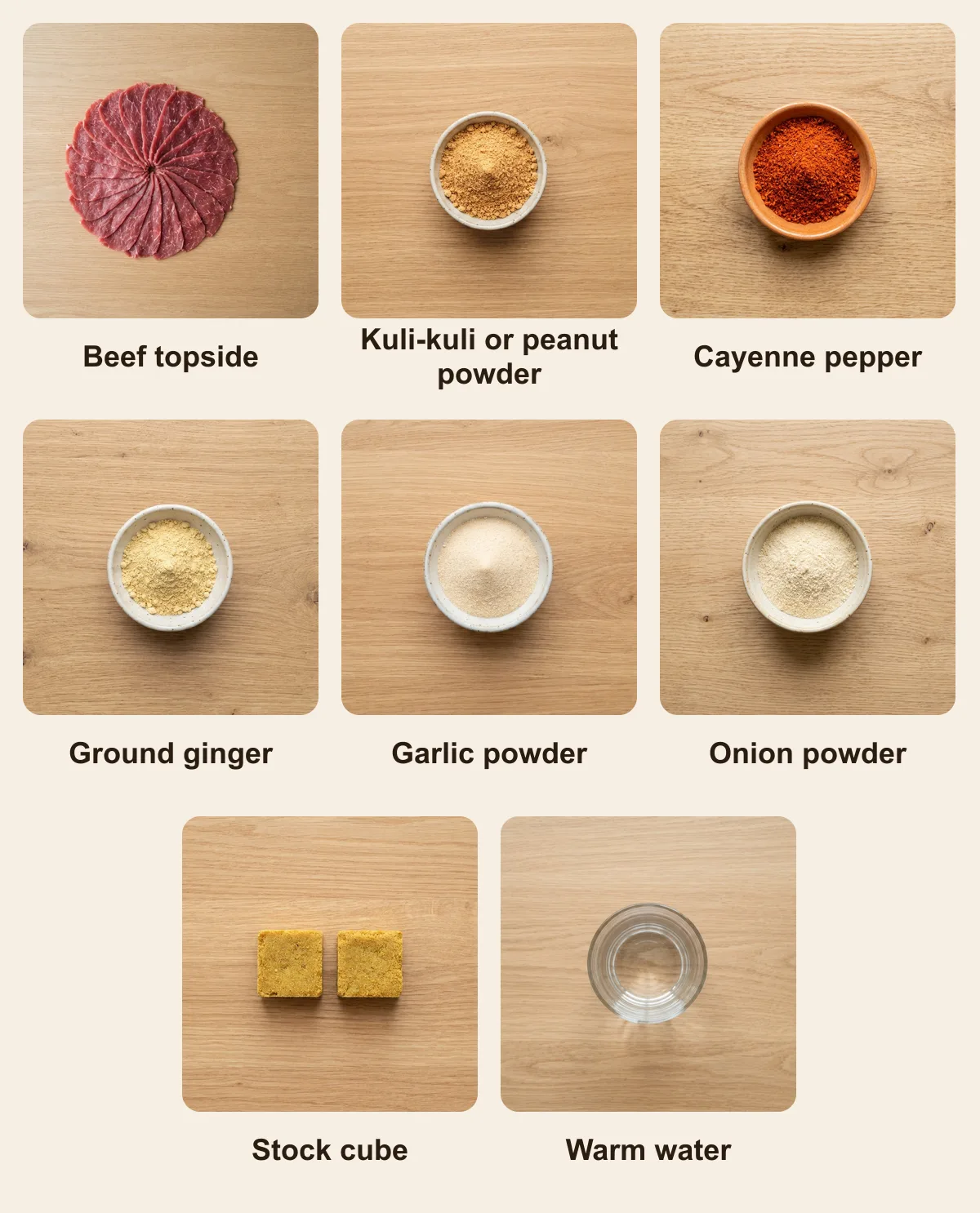 Everything you need for Kilishi, laid out from above: Beef topside, Kuli-kuli or peanut powder, Cayenne pepper, Ground ginger, Garlic powder, Onion powder, Stock cube, Warm water (AI illustration)