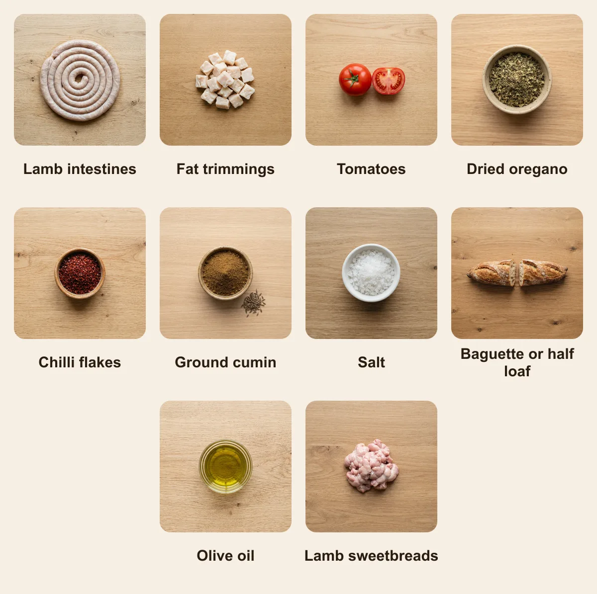Everything you need for Kokorec, laid out from above: Lamb intestines, Fat trimmings, Tomatoes, Dried oregano, Chilli flakes, Ground cumin, Salt, Baguette or half loaf, Olive oil, Lamb sweetbreads (AI illustration)