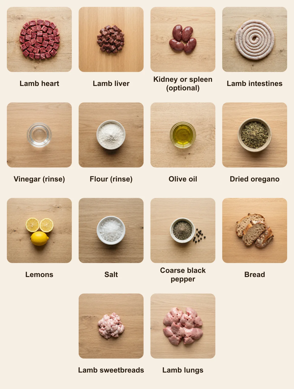 Everything you need for Kokoretsi, laid out from above: Lamb heart, Lamb liver, Kidney or spleen (optional), Lamb intestines, Vinegar (rinse), Flour (rinse), Olive oil, Dried oregano, Lemons, Salt, Coarse black pepper, Bread, Lamb sweetbreads, Lamb lungs (AI illustration)
