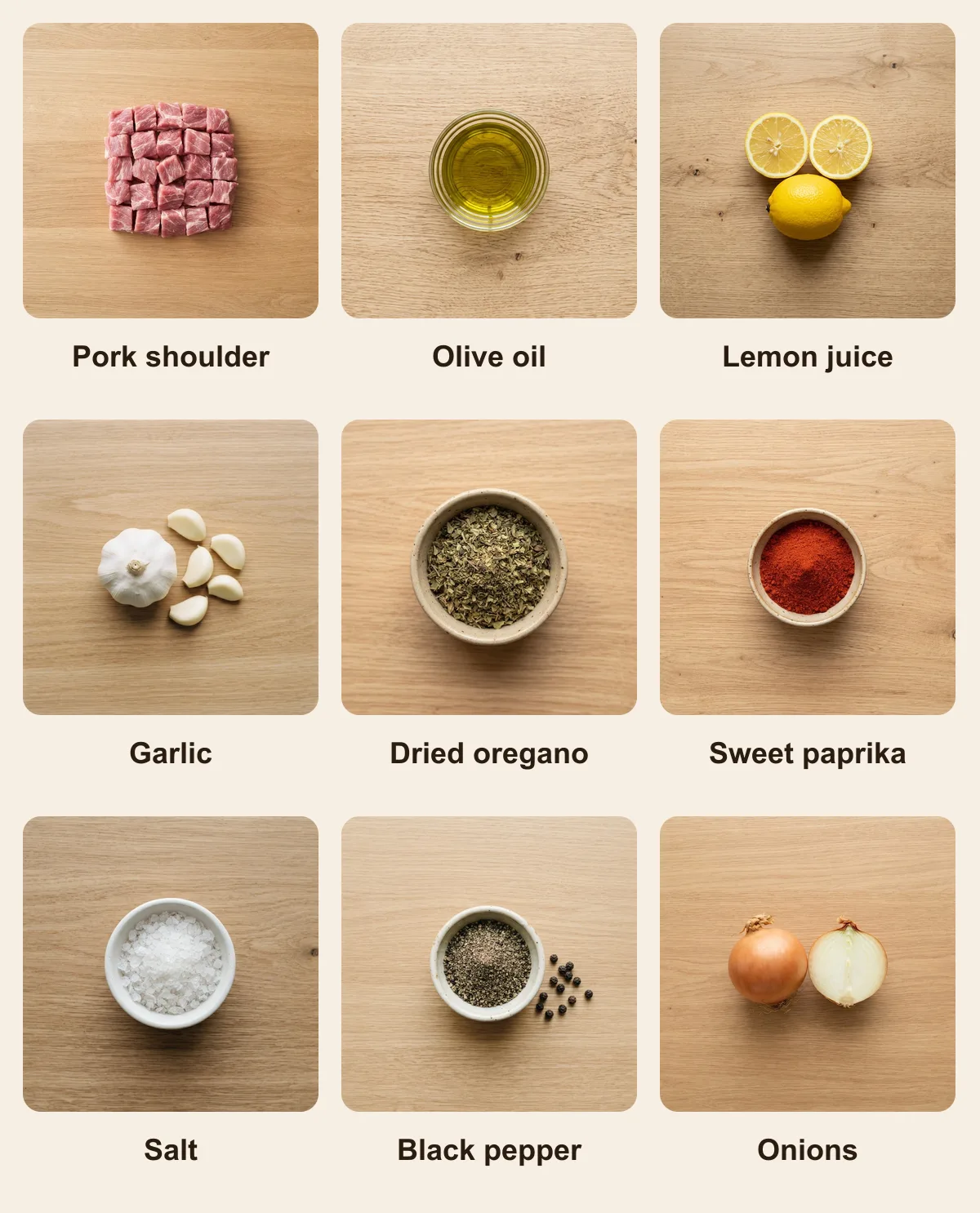 Everything you need for Kontosouvli, laid out from above: Pork shoulder, Olive oil, Lemon juice, Garlic, Dried oregano, Sweet paprika, Salt, Black pepper, Onions (AI illustration)