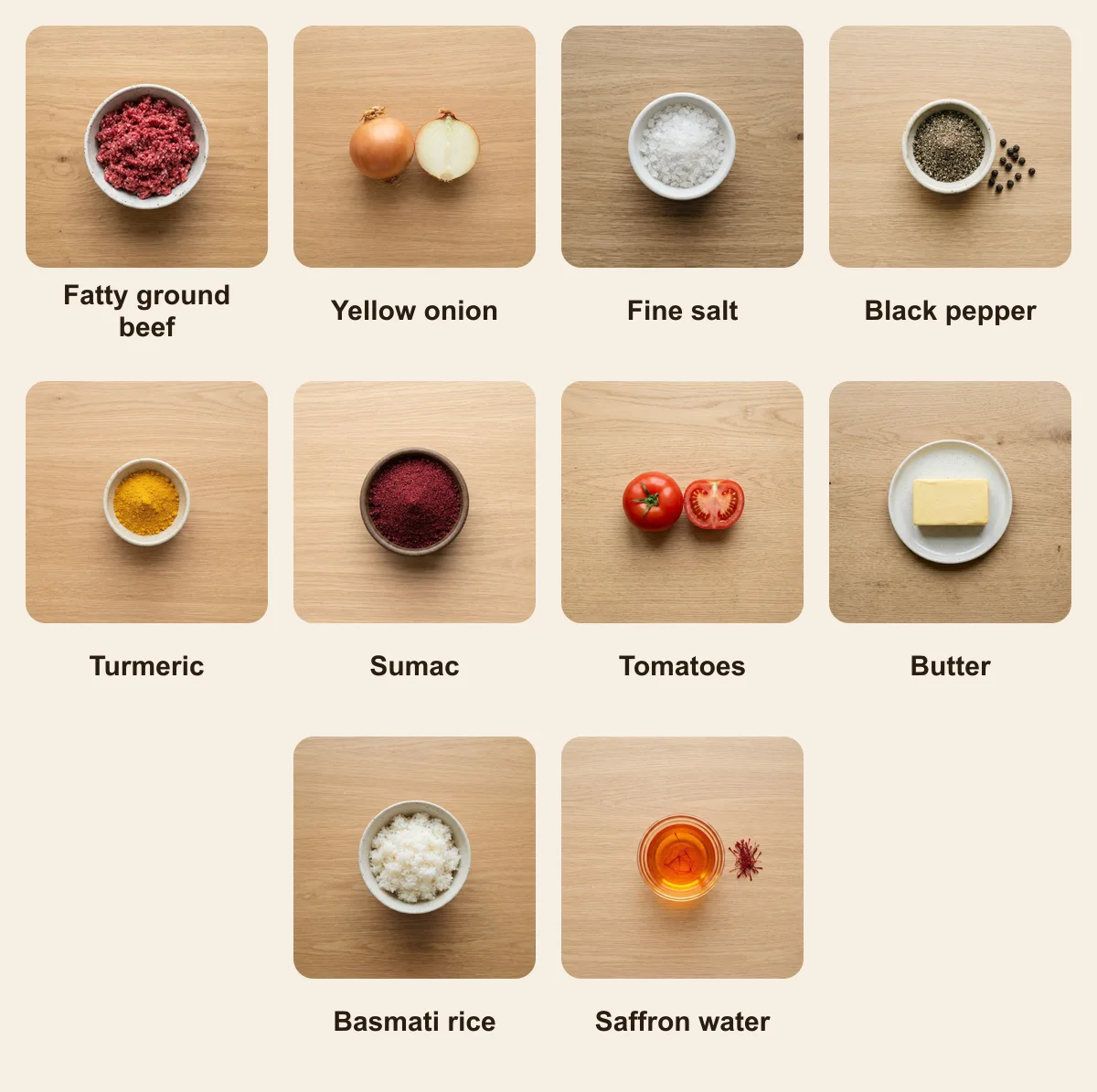 Everything you need for Koobideh (kabob-house Persian-American), laid out from above: Fatty ground beef, Yellow onion, Fine salt, Black pepper, Turmeric, Sumac, Tomatoes, Butter, Basmati rice, Saffron water (AI illustration)