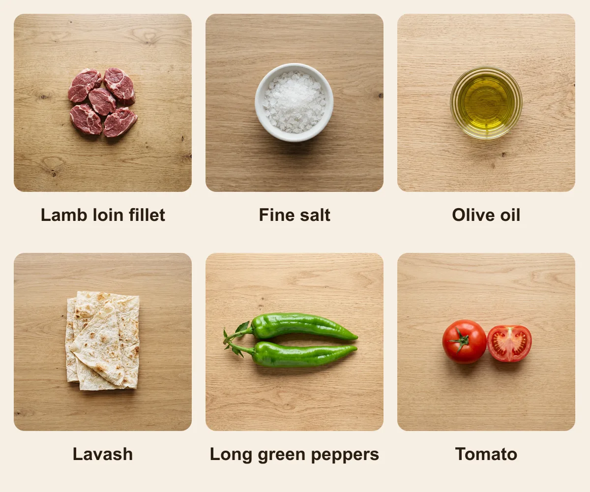 Everything you need for Kusleme, laid out from above: Lamb loin fillet, Fine salt, Olive oil, Lavash, Long green peppers, Tomato (AI illustration)
