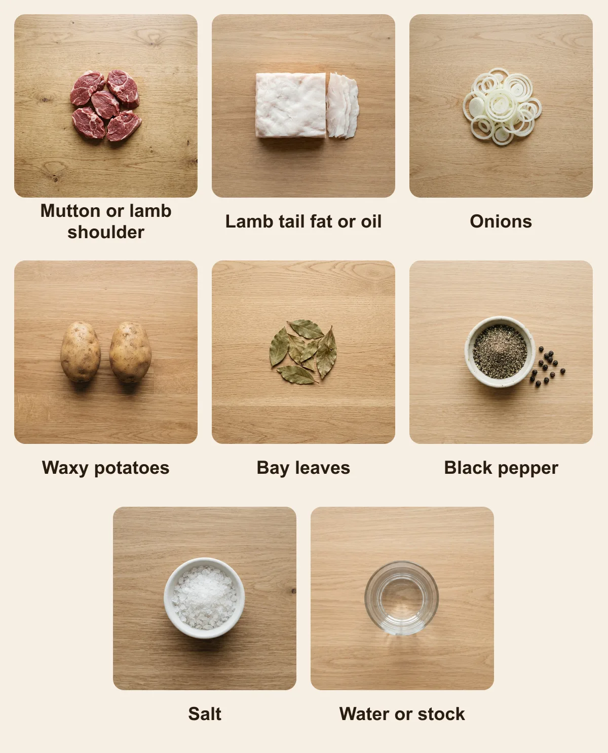Everything you need for Kuurdak, laid out from above: Mutton or lamb shoulder, Lamb tail fat or oil, Onions, Waxy potatoes, Bay leaves, Black pepper, Salt, Water or stock (AI illustration)