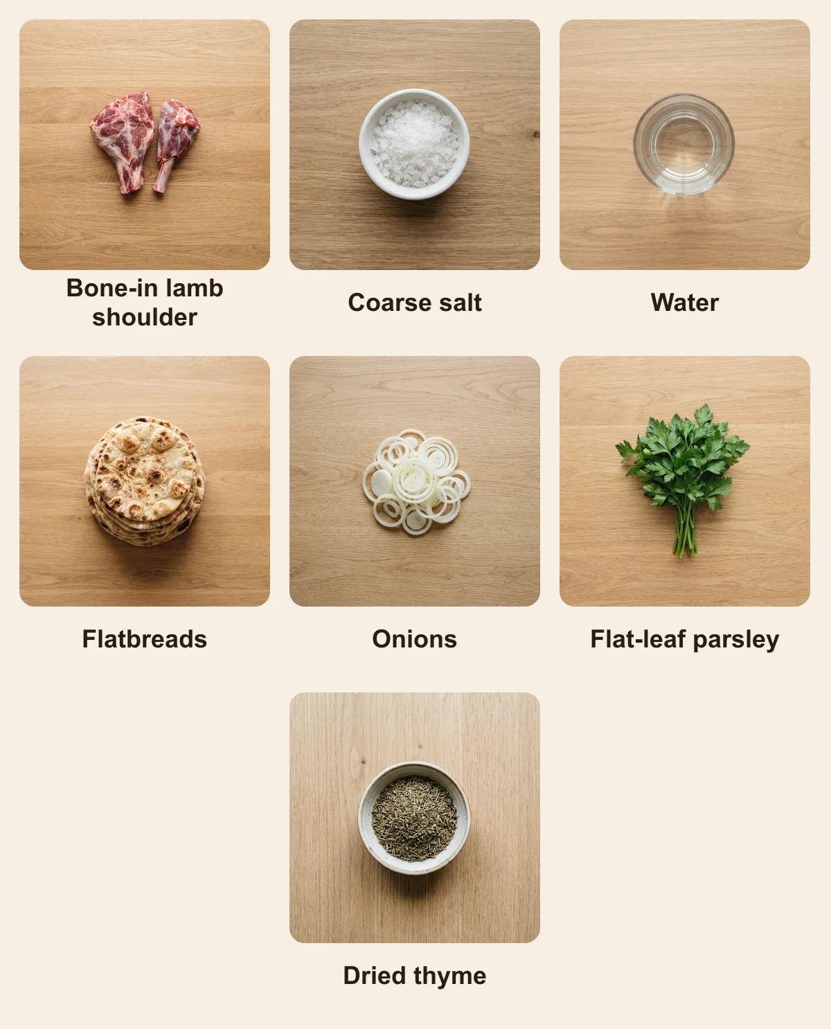 Everything you need for Kuyu Kebab, laid out from above: Bone-in lamb shoulder, Coarse salt, Water, Flatbreads, Onions, Flat-leaf parsley, Dried thyme (AI illustration)