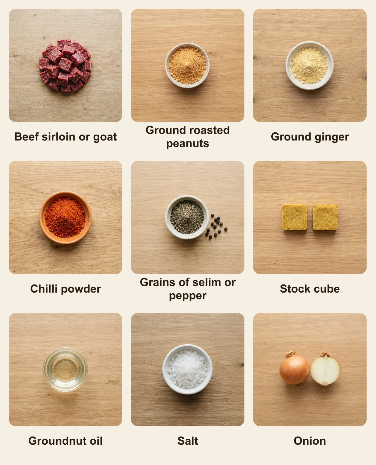 Everything you need for Kyinkyinga, laid out from above: Beef sirloin or goat, Ground roasted peanuts, Ground ginger, Chilli powder, Grains of selim or pepper, Stock cube, Groundnut oil, Salt, Onion (AI illustration)