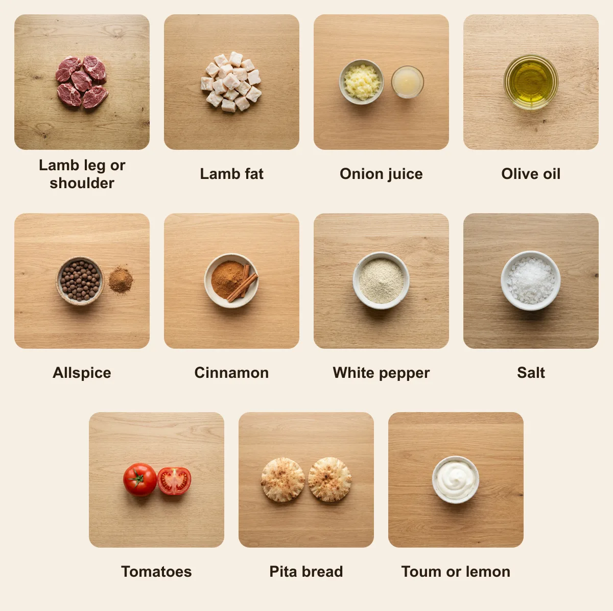 Everything you need for Lahm Mishwi, laid out from above: Lamb leg or shoulder, Lamb fat, Onion juice, Olive oil, Allspice, Cinnamon, White pepper, Salt, Tomatoes, Pita bread, Toum or lemon (AI illustration)