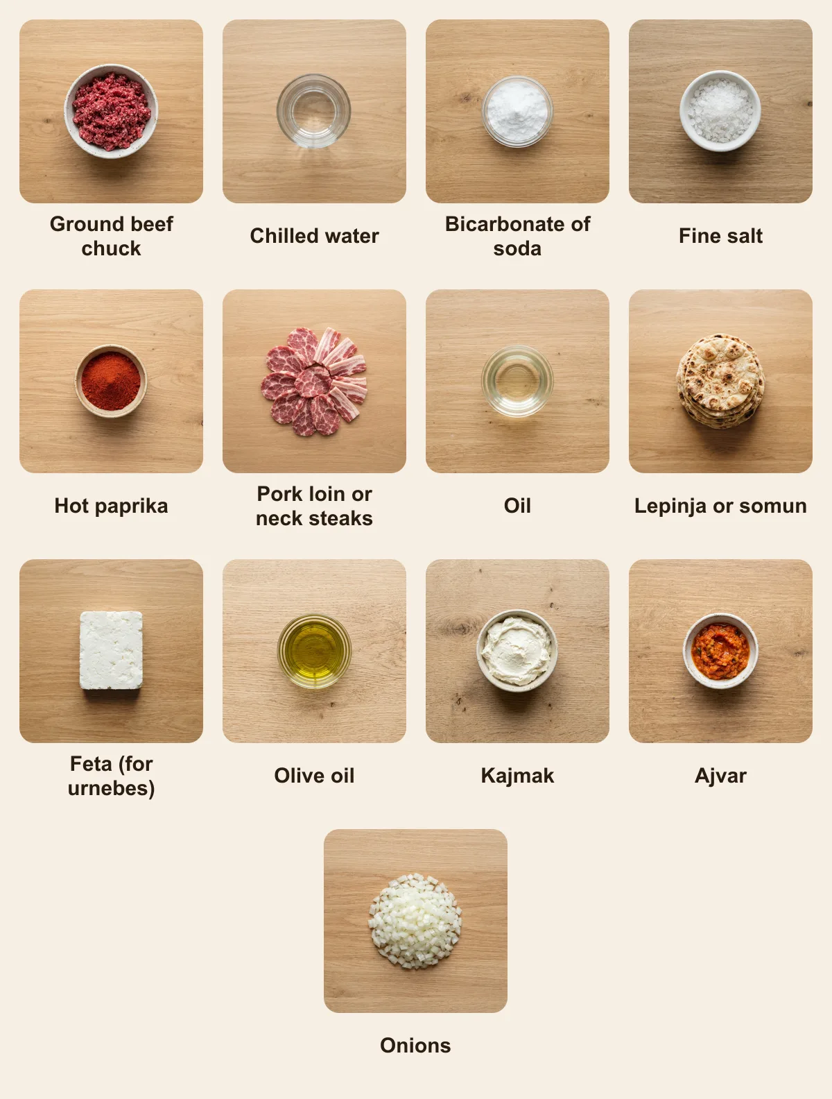 Everything you need for Leskovac mixed grill, laid out from above: Ground beef chuck, Chilled water, Bicarbonate of soda, Fine salt, Hot paprika, Pork loin or neck steaks, Oil, Lepinja or somun, Feta (for urnebes), Olive oil, Kajmak, Ajvar, Onions (AI illustration)