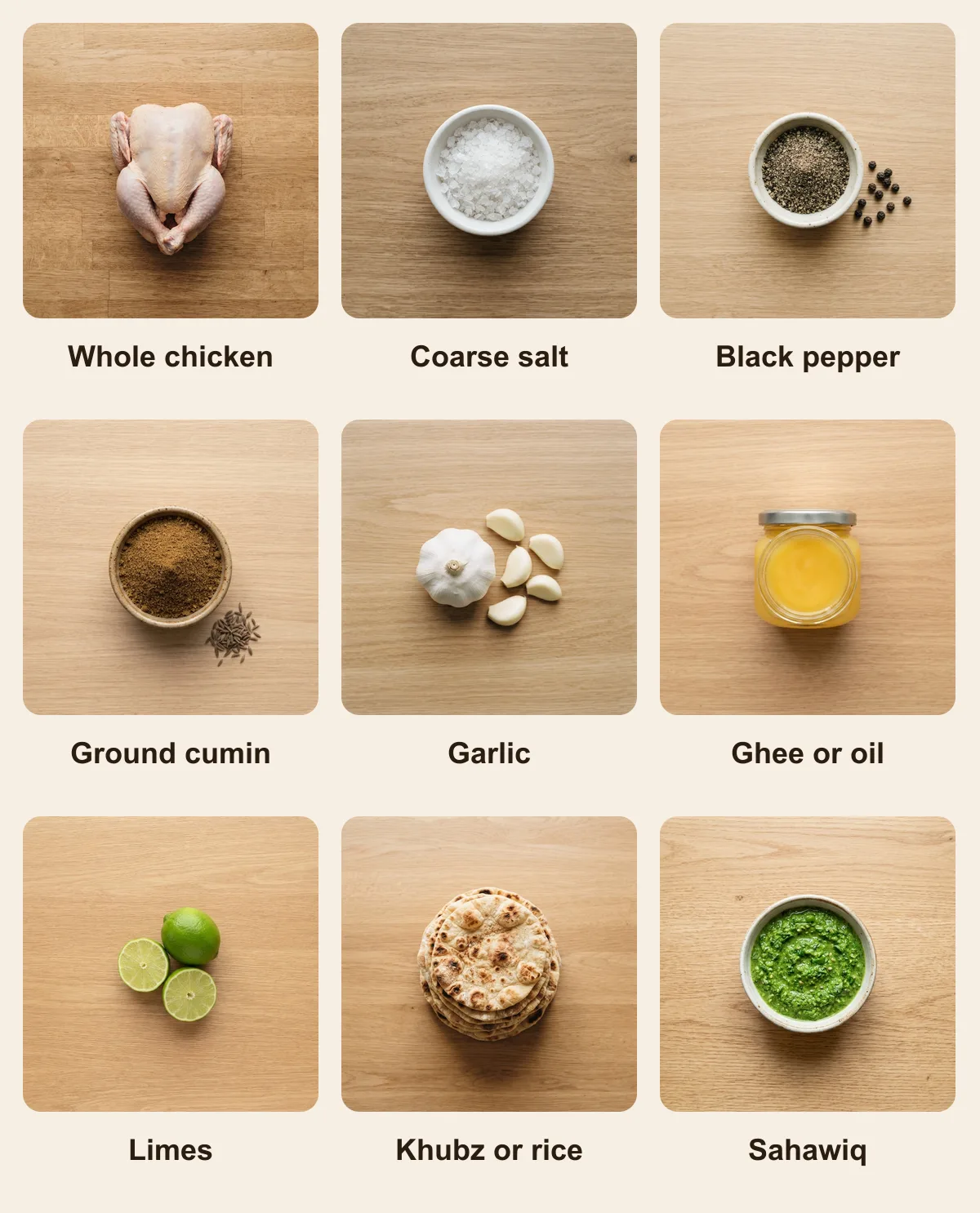 Everything you need for Madhbi, laid out from above: Whole chicken, Coarse salt, Black pepper, Ground cumin, Garlic, Ghee or oil, Limes, Khubz or rice, Sahawiq (AI illustration)