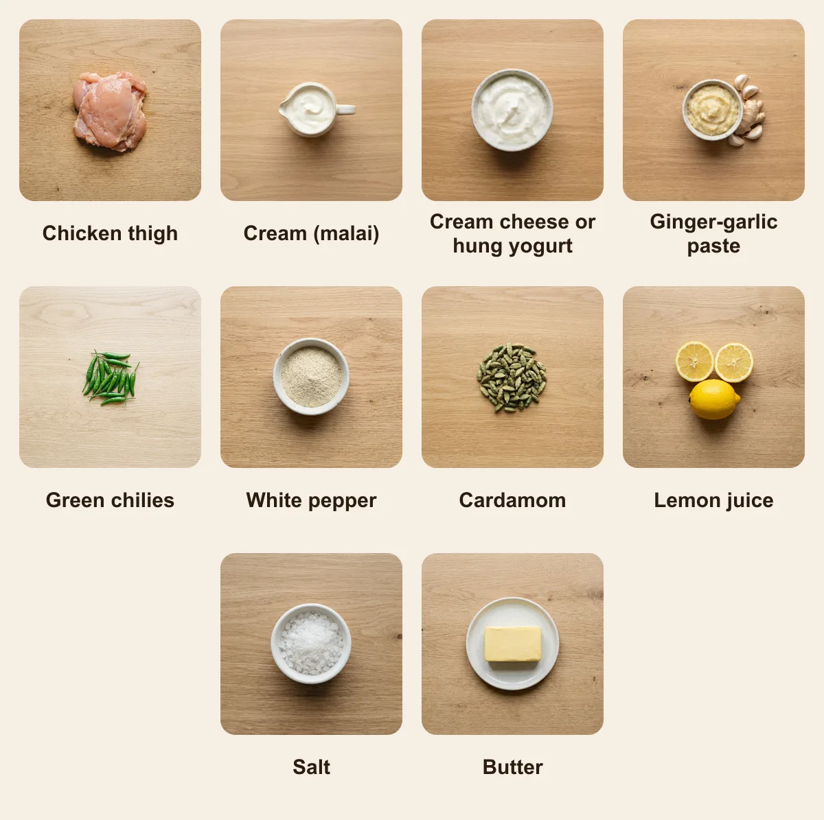Everything you need for Malai Boti, laid out from above: Chicken thigh, Cream (malai), Cream cheese or hung yogurt, Ginger-garlic paste, Green chilies, White pepper, Cardamom, Lemon juice, Salt, Butter (AI illustration)