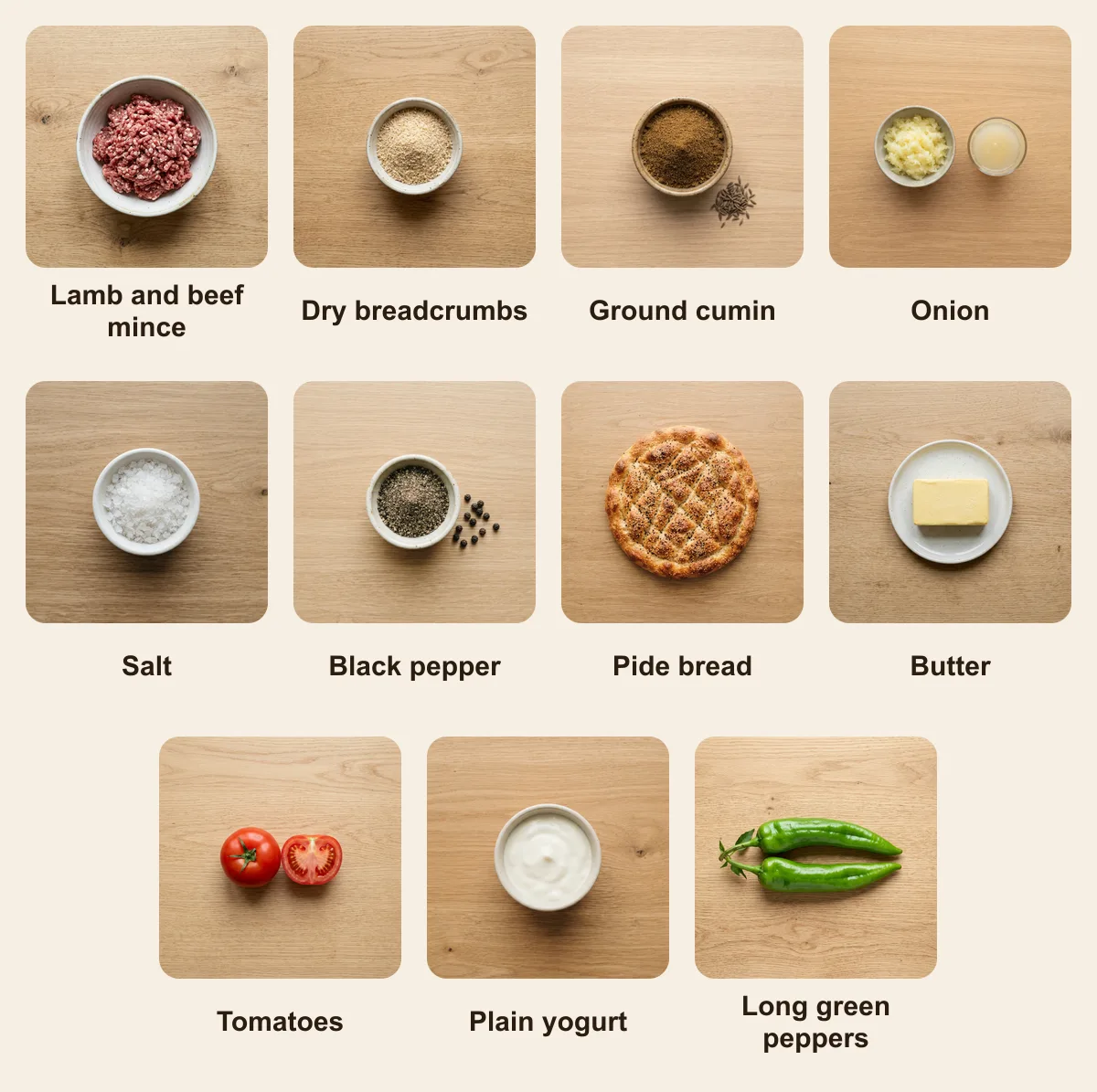 Everything you need for Manisa Kebab, laid out from above: Lamb and beef mince, Dry breadcrumbs, Ground cumin, Onion, Salt, Black pepper, Pide bread, Butter, Tomatoes, Plain yogurt, Long green peppers (AI illustration)