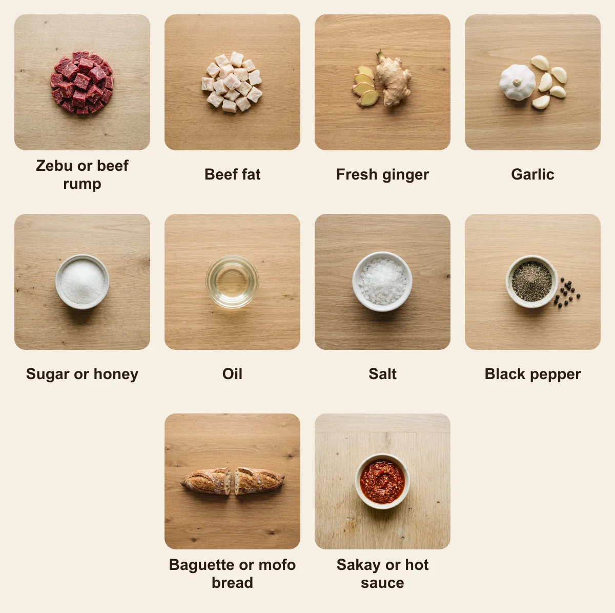 Everything you need for Masikita, laid out from above: Zebu or beef rump, Beef fat, Fresh ginger, Garlic, Sugar or honey, Oil, Salt, Black pepper, Baguette or mofo bread, Sakay or hot sauce (AI illustration)