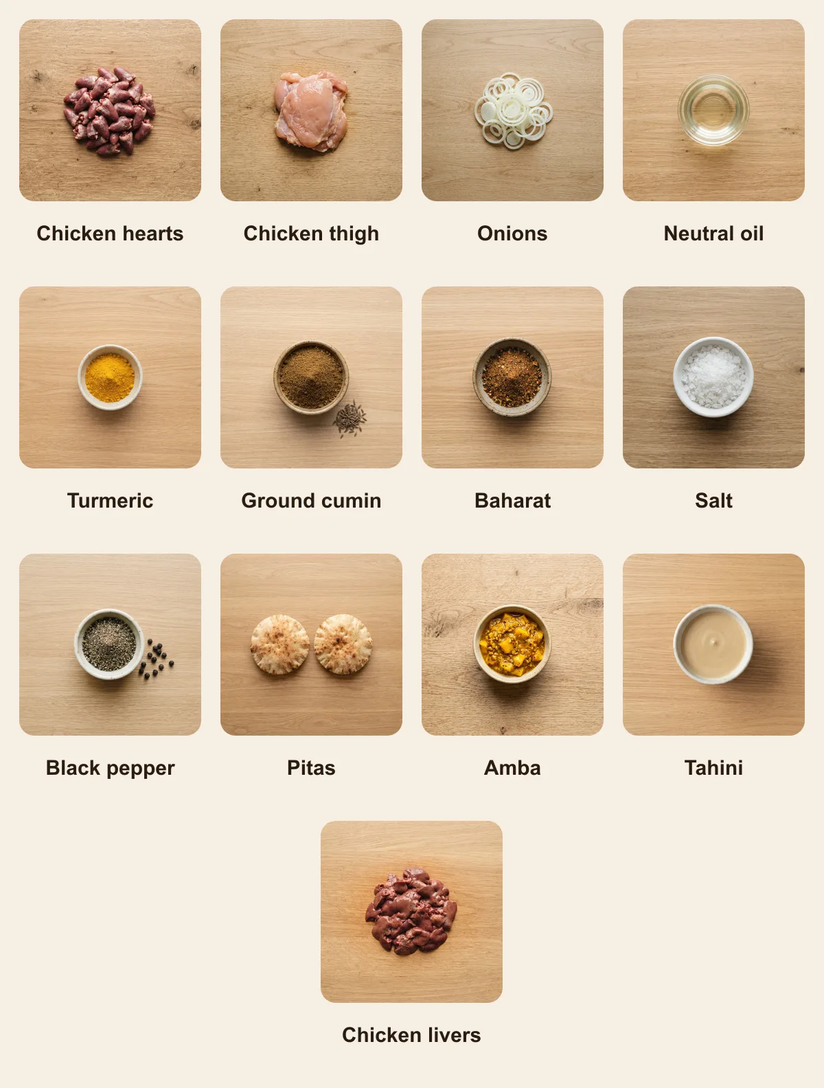 Everything you need for Me'orav Yerushalmi (Jerusalem Mixed Grill), laid out from above: Chicken hearts, Chicken thigh, Onions, Neutral oil, Turmeric, Ground cumin, Baharat, Salt, Black pepper, Pitas, Amba, Tahini, Chicken livers (AI illustration)