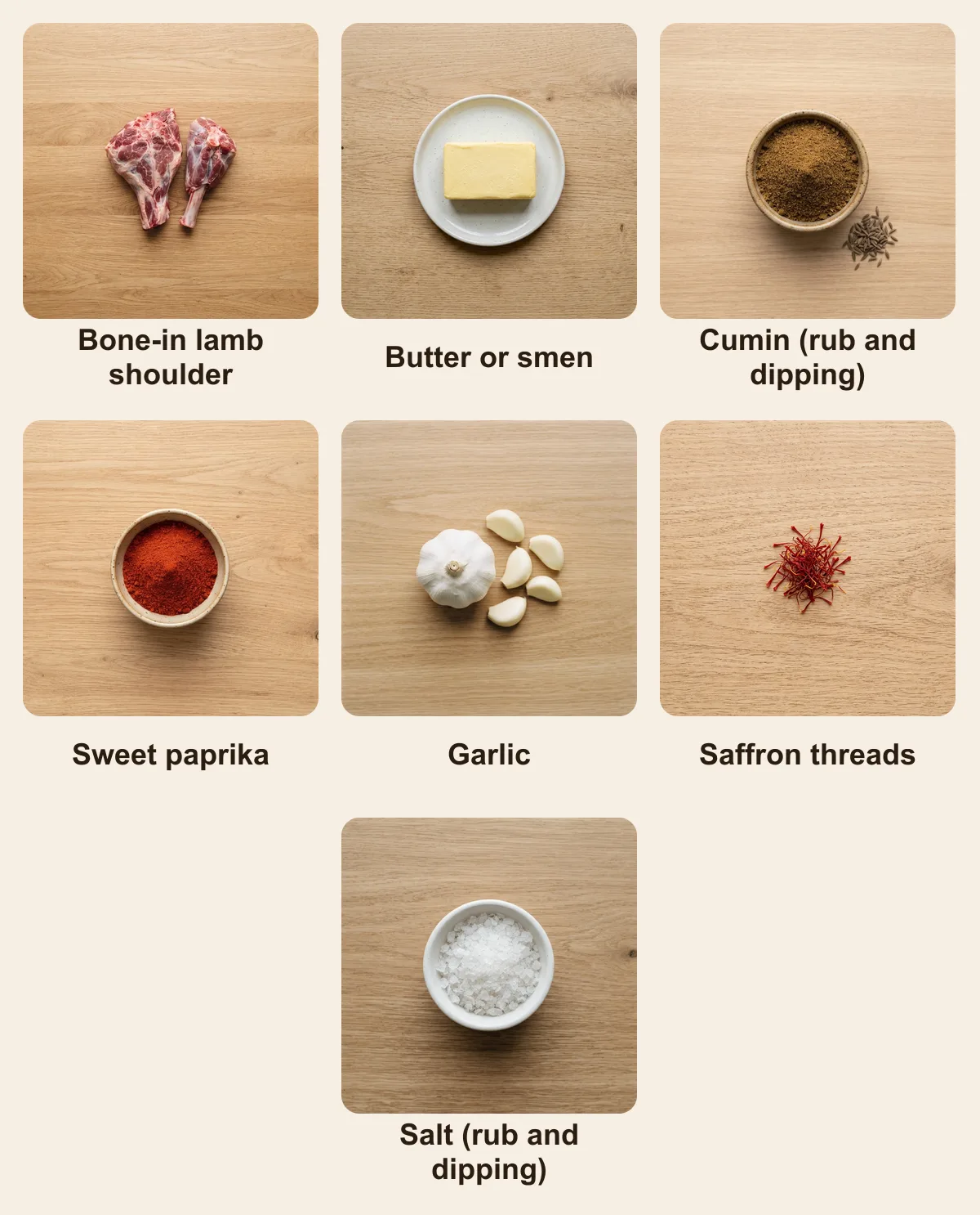 Everything you need for Mechoui, laid out from above: Bone-in lamb shoulder, Butter or smen, Cumin (rub and dipping), Sweet paprika, Garlic, Saffron threads, Salt (rub and dipping) (AI illustration)