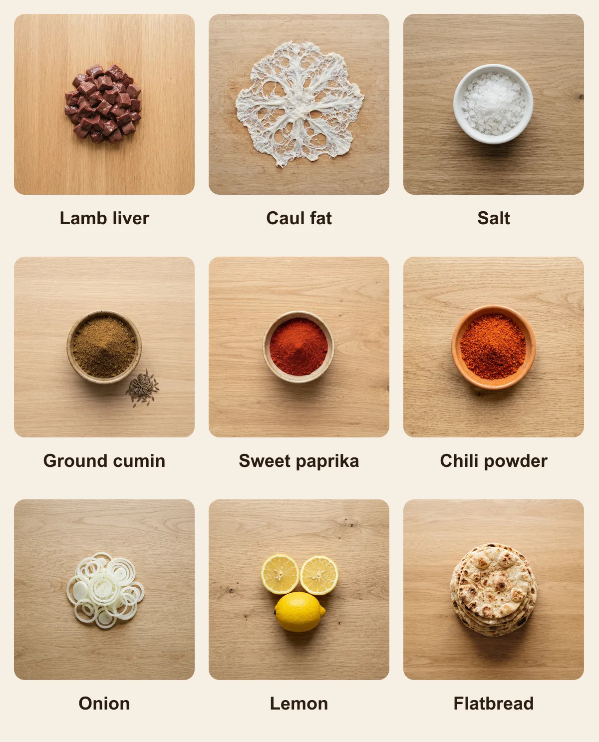 Everything you need for Melfouf, laid out from above: Lamb liver, Caul fat, Salt, Ground cumin, Sweet paprika, Chili powder, Onion, Lemon, Flatbread (AI illustration)