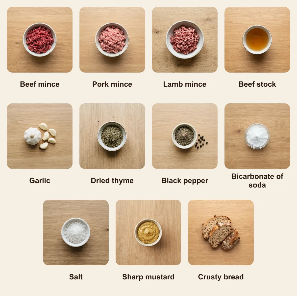 Everything you need for Mici, laid out from above: Beef mince, Pork mince, Lamb mince, Beef stock, Garlic, Dried thyme, Black pepper, Bicarbonate of soda, Salt, Sharp mustard, Crusty bread (AI illustration)