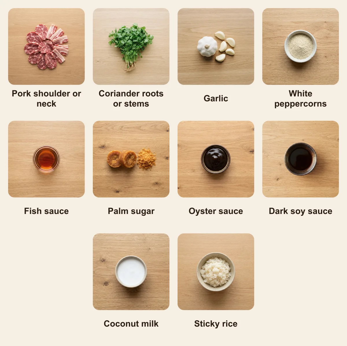 Everything you need for Moo Ping, laid out from above: Pork shoulder or neck, Coriander roots or stems, Garlic, White peppercorns, Fish sauce, Palm sugar, Oyster sauce, Dark soy sauce, Coconut milk, Sticky rice (AI illustration)