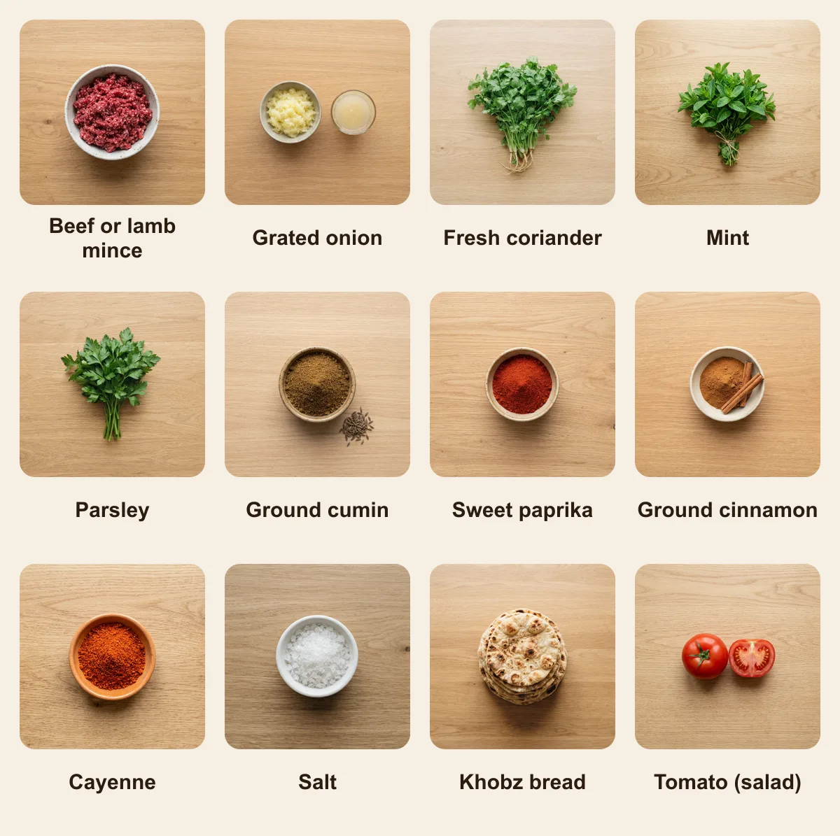 Everything you need for Moroccan Kefta Brochettes, laid out from above: Beef or lamb mince, Grated onion, Fresh coriander, Mint, Parsley, Ground cumin, Sweet paprika, Ground cinnamon, Cayenne, Salt, Khobz bread, Tomato (salad) (AI illustration)