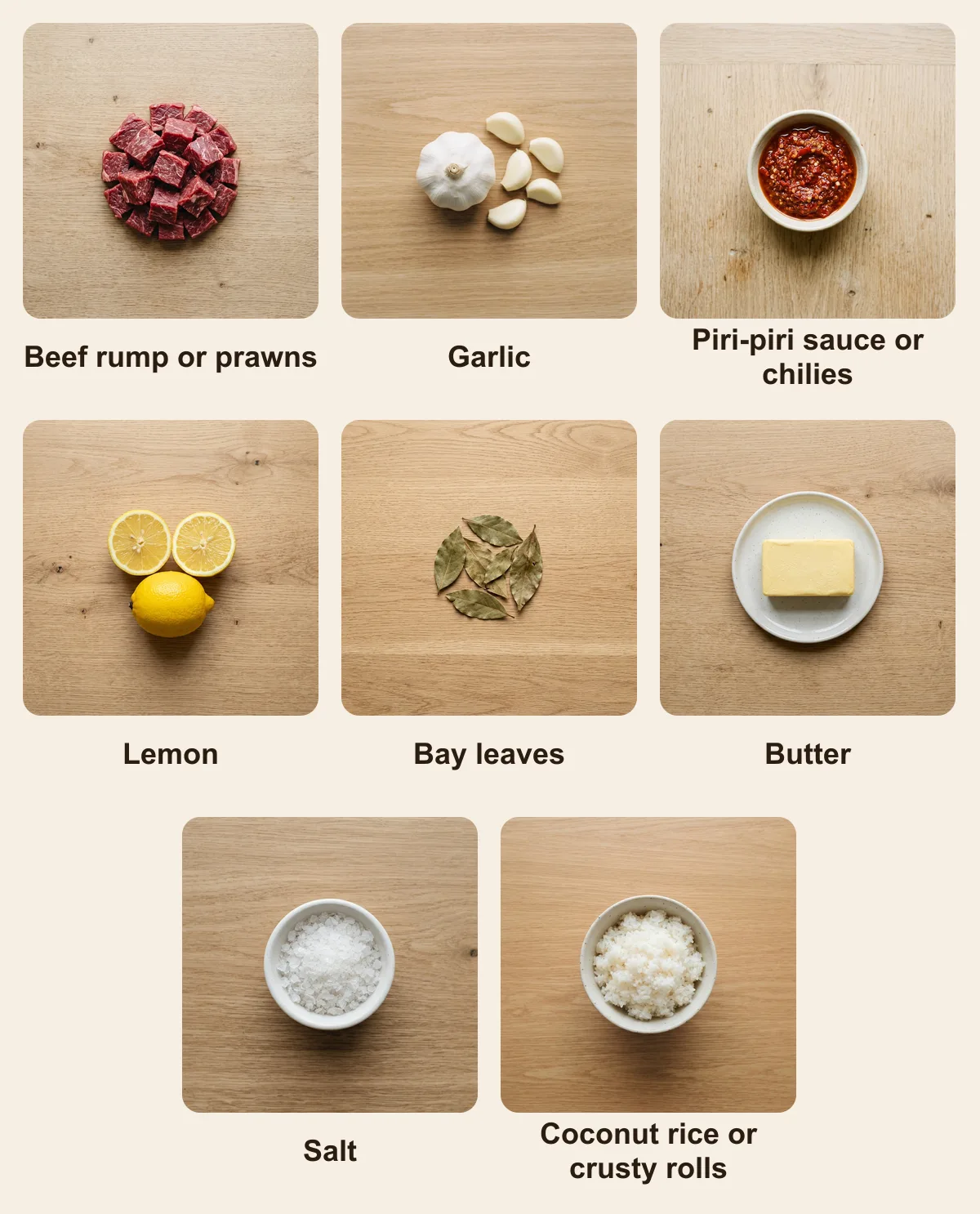 Everything you need for Mozambican espetada, laid out from above: Beef rump or prawns, Garlic, Piri-piri sauce or chilies, Lemon, Bay leaves, Butter, Salt, Coconut rice or crusty rolls (AI illustration)