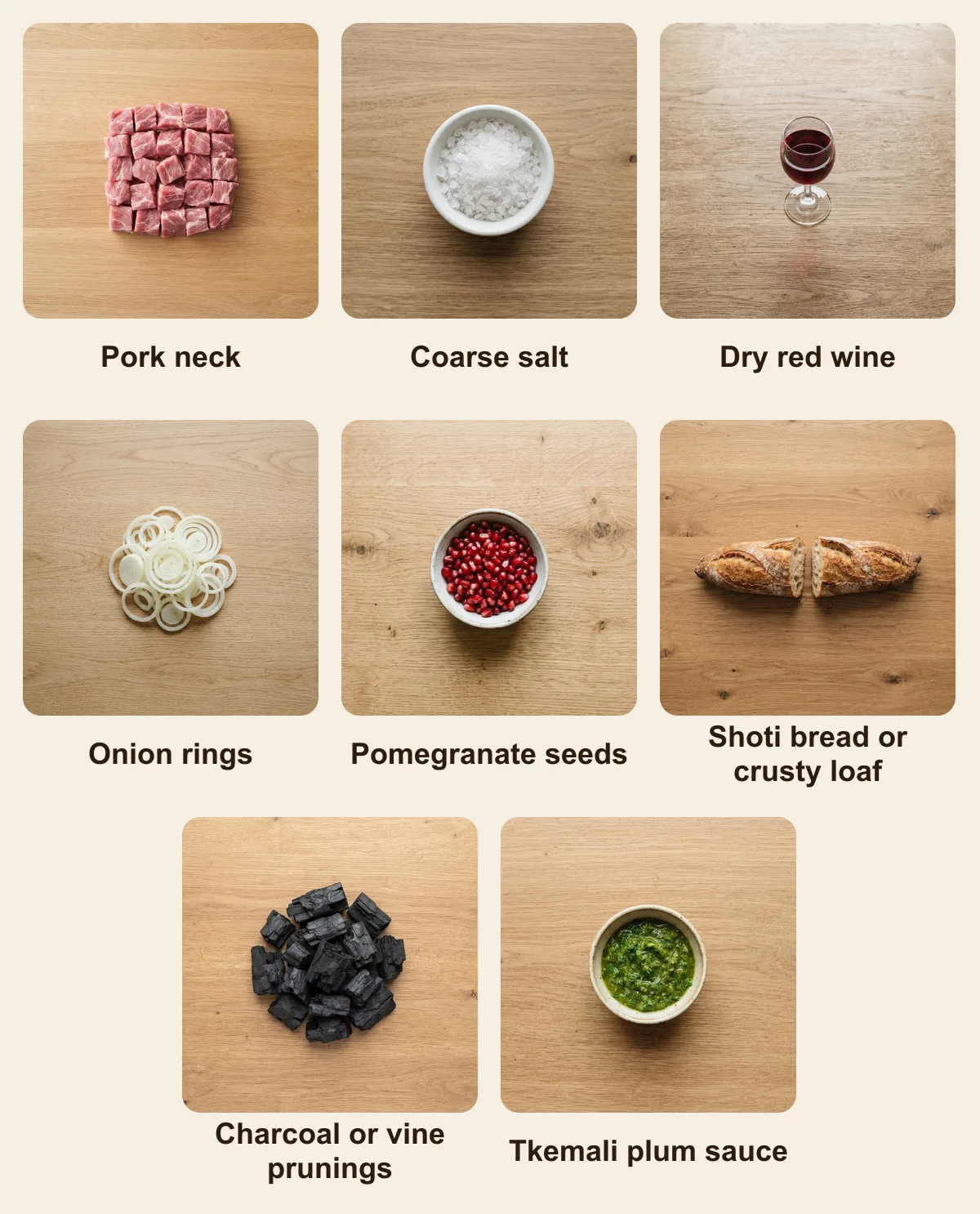 Everything you need for Mtsvadi, laid out from above: Pork neck, Coarse salt, Dry red wine, Onion rings, Pomegranate seeds, Shoti bread or crusty loaf, Charcoal or vine prunings, Tkemali plum sauce (AI illustration)